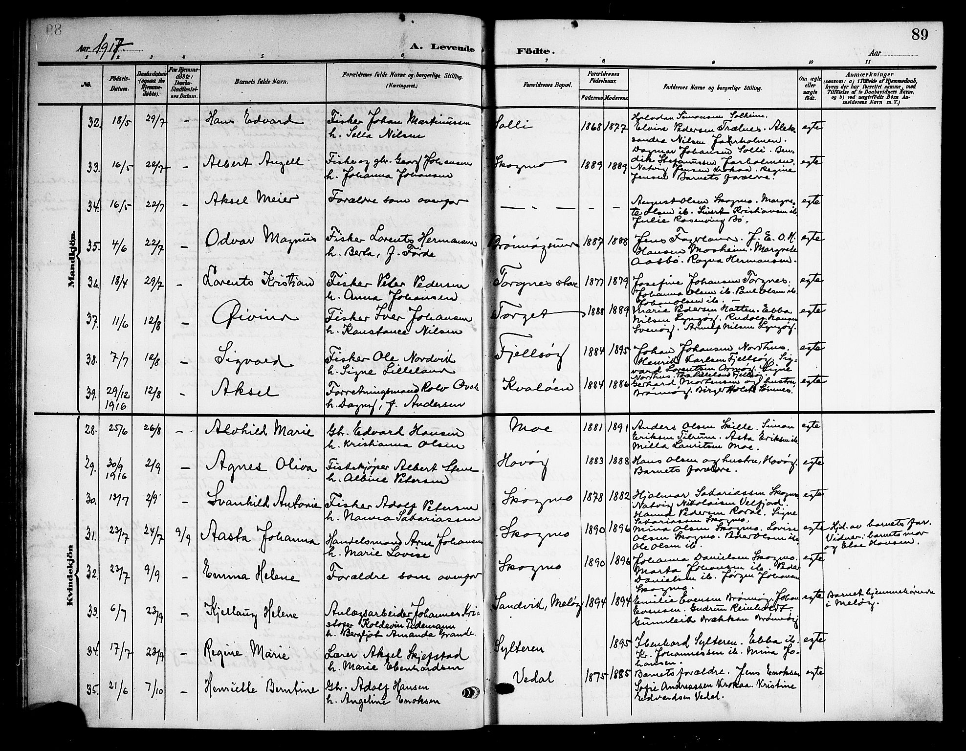 Ministerialprotokoller, klokkerbøker og fødselsregistre - Nordland, AV/SAT-A-1459/813/L0214: Klokkerbok nr. 813C06, 1904-1917, s. 89