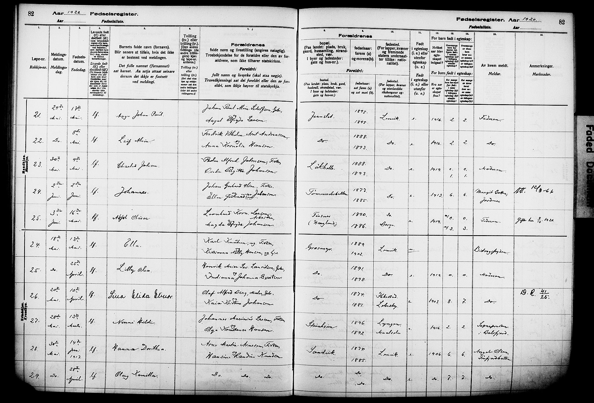 Lenvik sokneprestembete, AV/SATØ-S-1310/I/Ic/L0089: Fødselsregister nr. 89, 1916-1926, s. 82