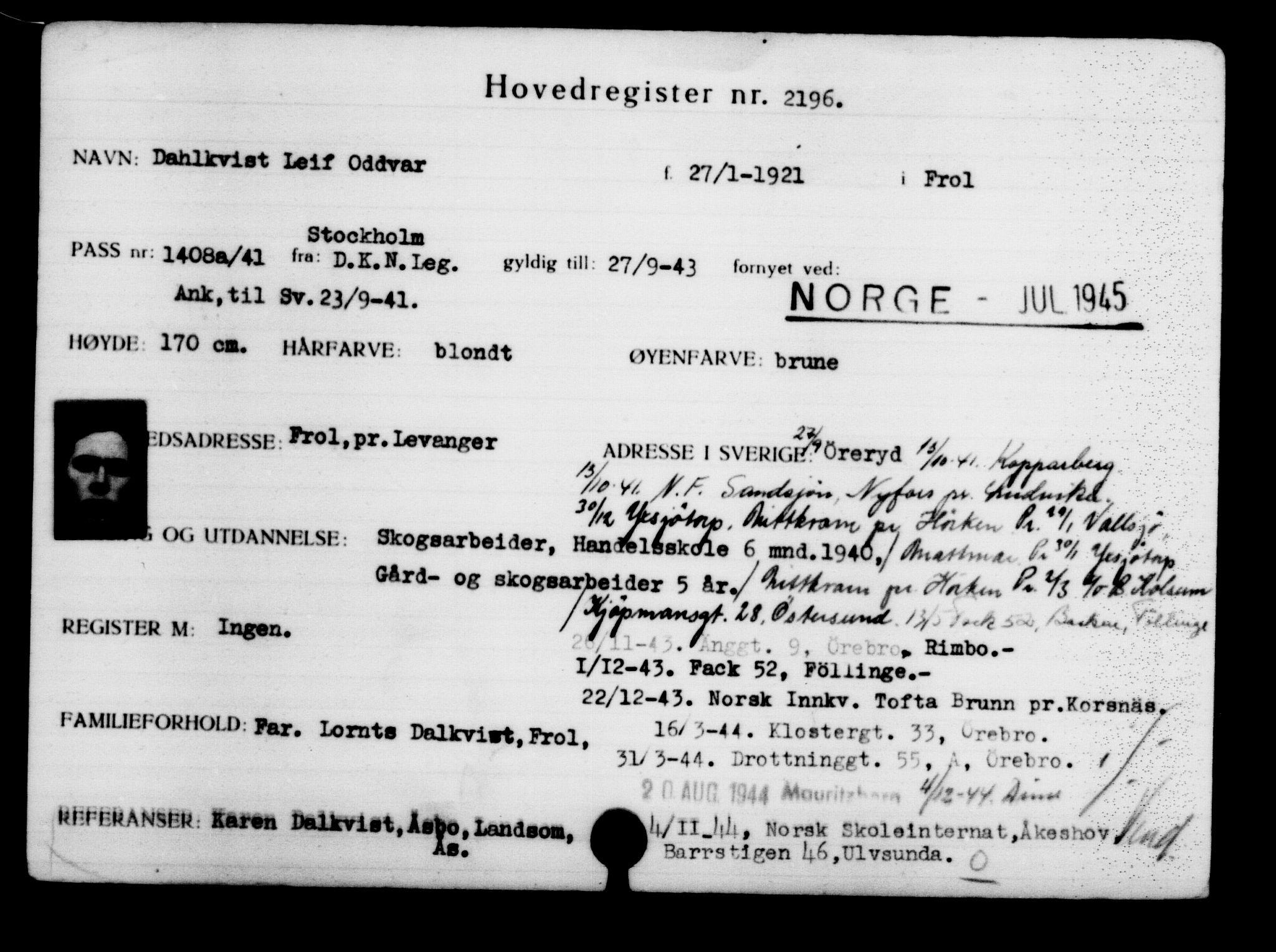 Utenriksstasjonene, Legasjonen i Stockholm, Flyktningkontoret, AV/RA-S-6753/V/Va/L0003: Kjesäterkartoteket, flyktninger med registreringsnr. 2001-3495, 1940-1945, s. 274