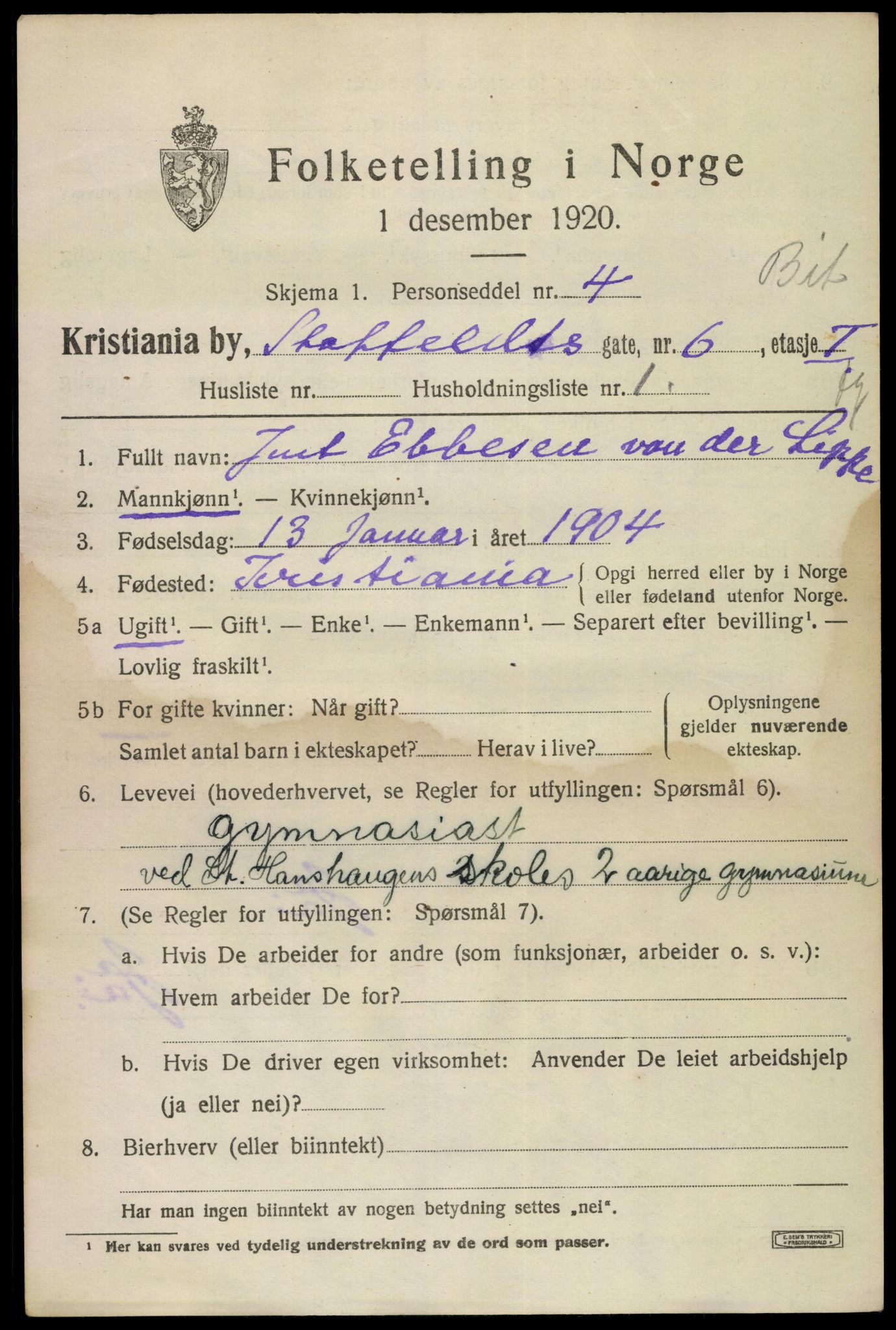 SAO, Folketelling 1920 for 0301 Kristiania kjøpstad, 1920, s. 536161