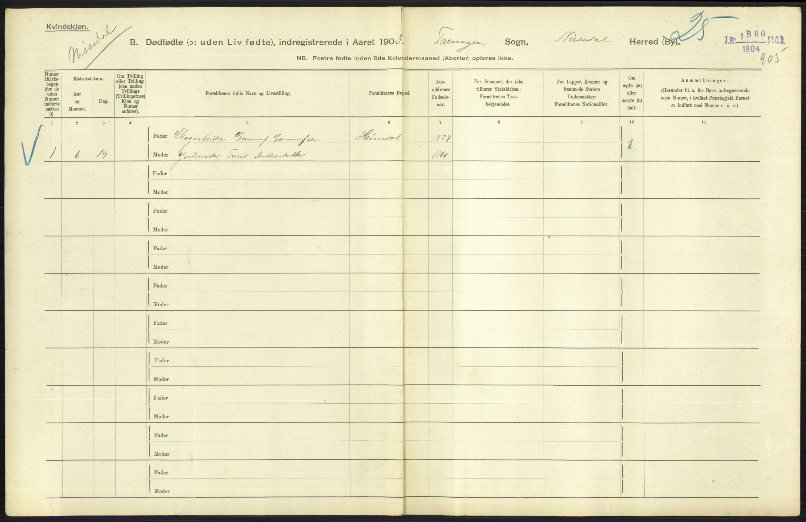 Statistisk sentralbyrå, Sosiodemografiske emner, Befolkning, RA/S-2228/D/Df/Dfa/Dfaa/L0024: Smålenenes - Stavanger amt: Dødfødte. Bygder., 1903, s. 395