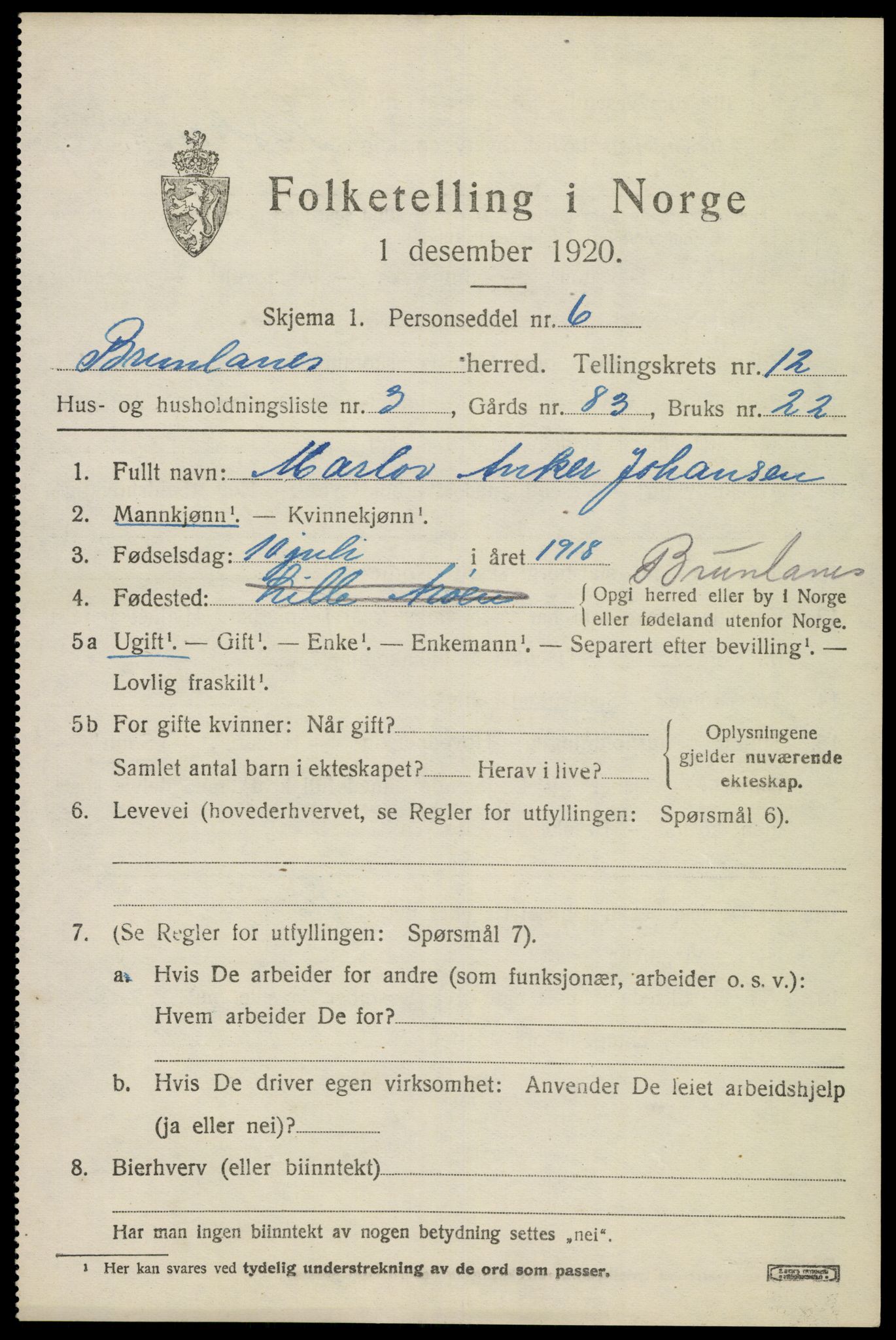SAKO, Folketelling 1920 for 0726 Brunlanes herred, 1920, s. 10529
