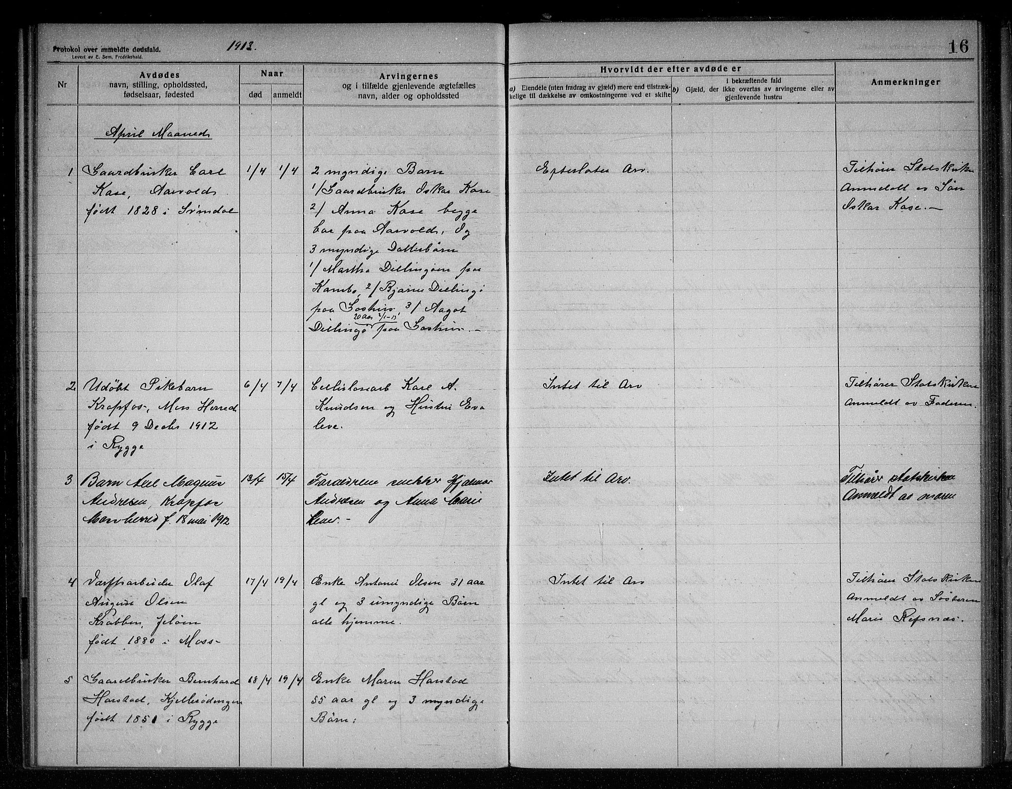 Rygge lensmannskontor, AV/SAO-A-10005/H/Ha/Haa/L0005: Dødsfallsprotokoll, 1912-1916, s. 16