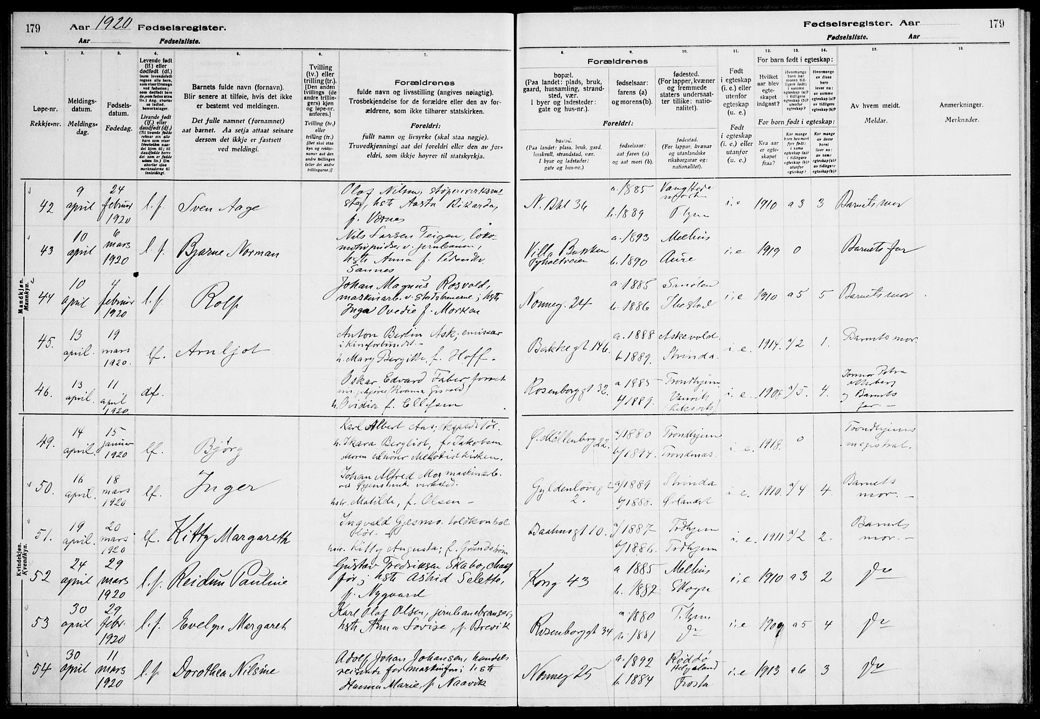 Ministerialprotokoller, klokkerbøker og fødselsregistre - Sør-Trøndelag, SAT/A-1456/604/L0232: Fødselsregister nr. 604.II.4.1, 1916-1920, s. 179