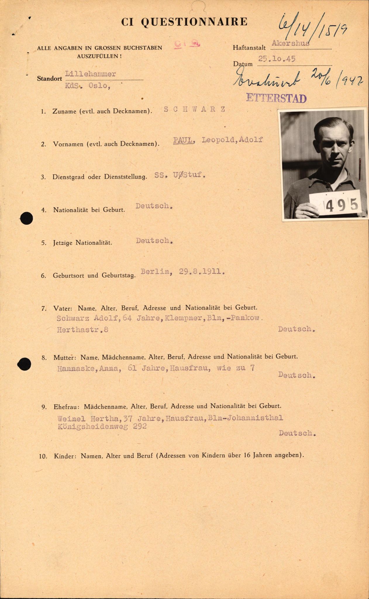 Forsvaret, Forsvarets overkommando II, RA/RAFA-3915/D/Db/L0031: CI Questionaires. Tyske okkupasjonsstyrker i Norge. Tyskere., 1945-1946, s. 91