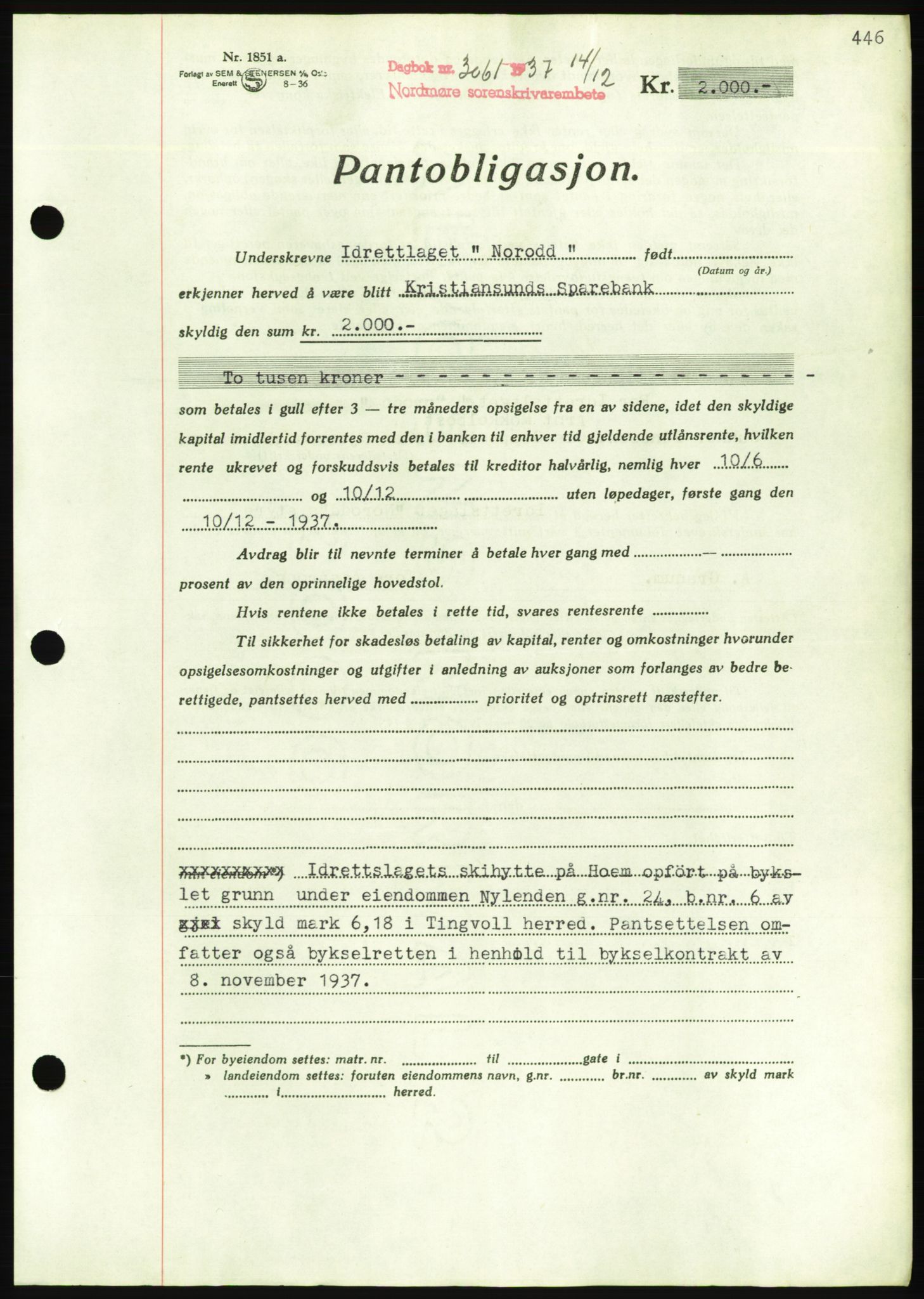 Nordmøre sorenskriveri, AV/SAT-A-4132/1/2/2Ca/L0092: Pantebok nr. B82, 1937-1938, Dagboknr: 3061/1937