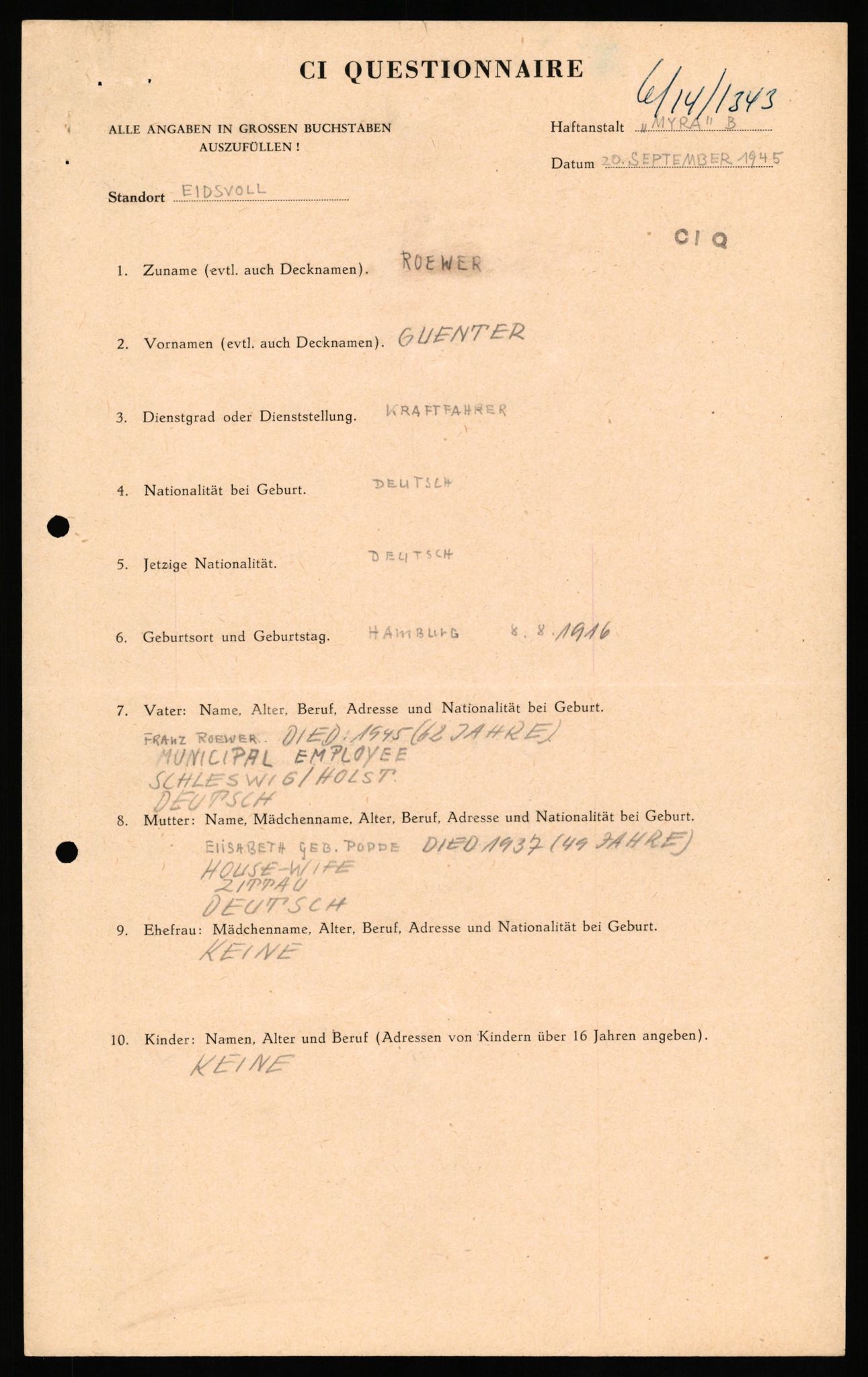 Forsvaret, Forsvarets overkommando II, AV/RA-RAFA-3915/D/Db/L0028: CI Questionaires. Tyske okkupasjonsstyrker i Norge. Tyskere., 1945-1946, s. 2