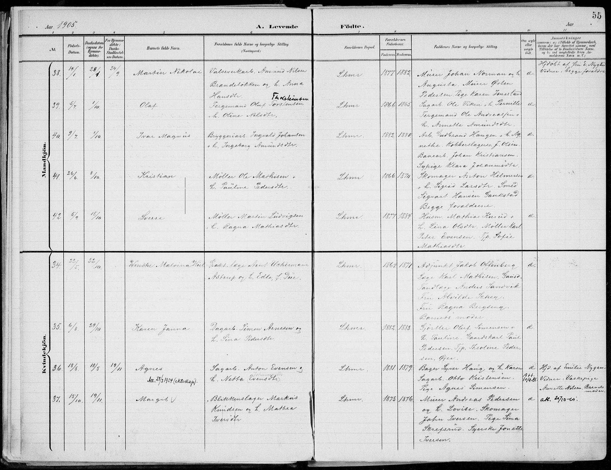 Lillehammer prestekontor, AV/SAH-PREST-088/H/Ha/Haa/L0001: Ministerialbok nr. 1, 1901-1916, s. 55
