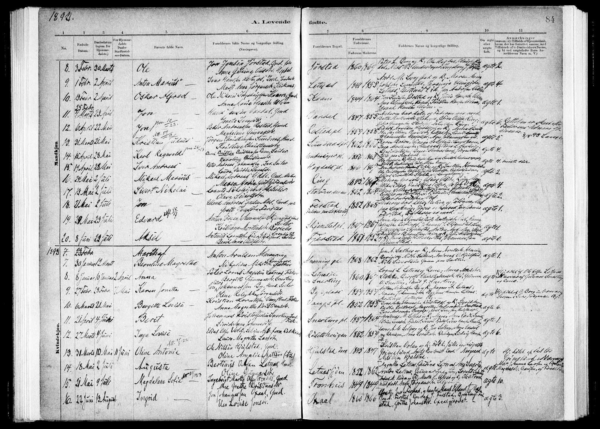 Ministerialprotokoller, klokkerbøker og fødselsregistre - Nord-Trøndelag, SAT/A-1458/730/L0285: Ministerialbok nr. 730A10, 1879-1914, s. 84