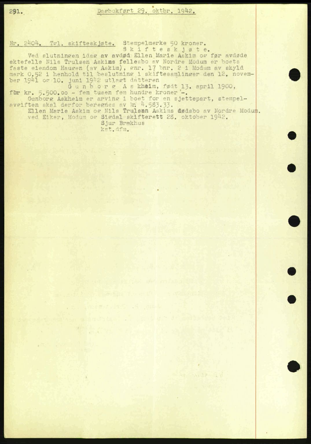 Eiker, Modum og Sigdal sorenskriveri, SAKO/A-123/G/Ga/Gab/L0047: Pantebok nr. A17, 1942-1943, Dagboknr: 2404/1942