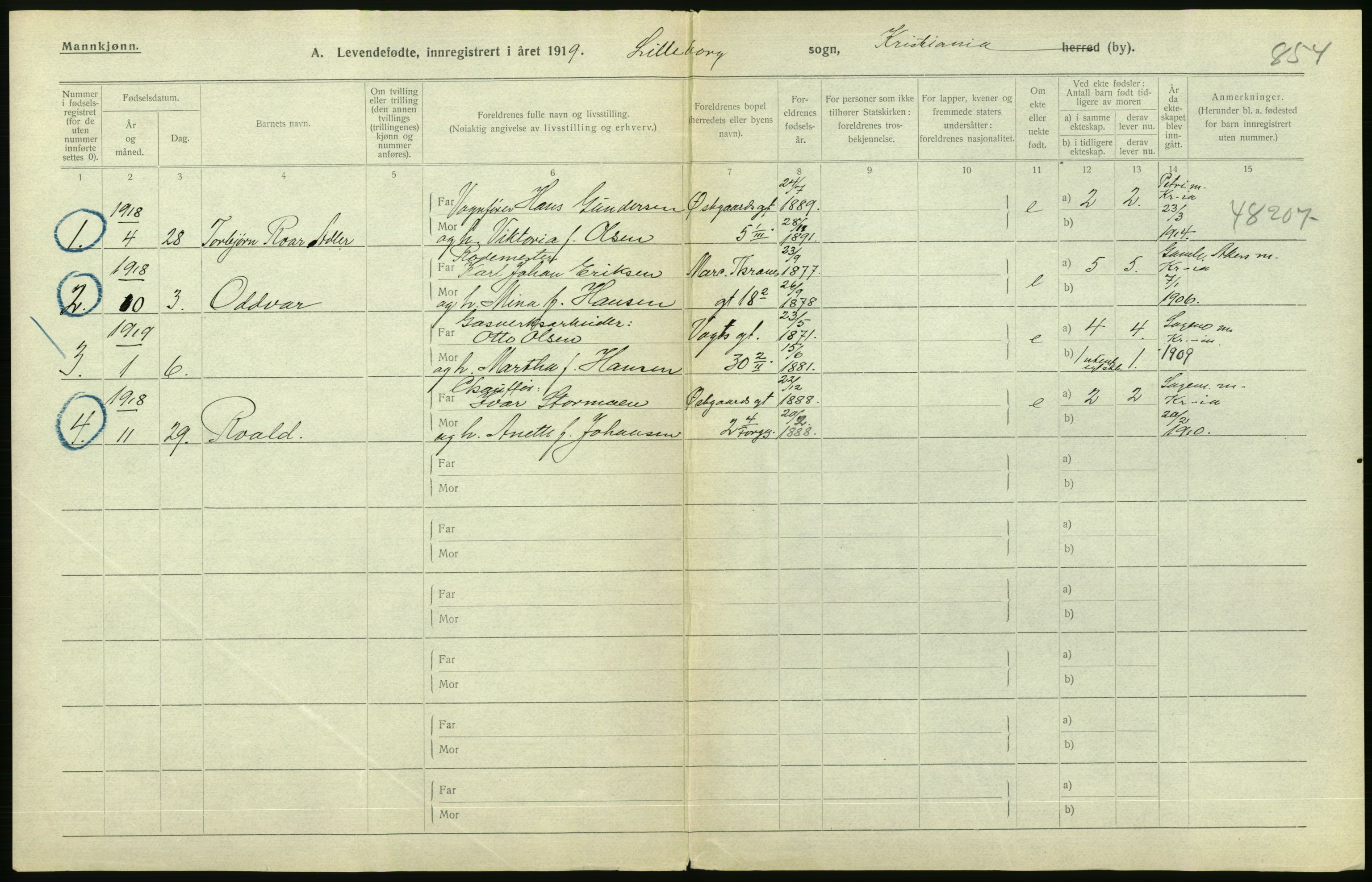 Statistisk sentralbyrå, Sosiodemografiske emner, Befolkning, AV/RA-S-2228/D/Df/Dfb/Dfbi/L0008: Kristiania: Levendefødte menn og kvinner., 1919