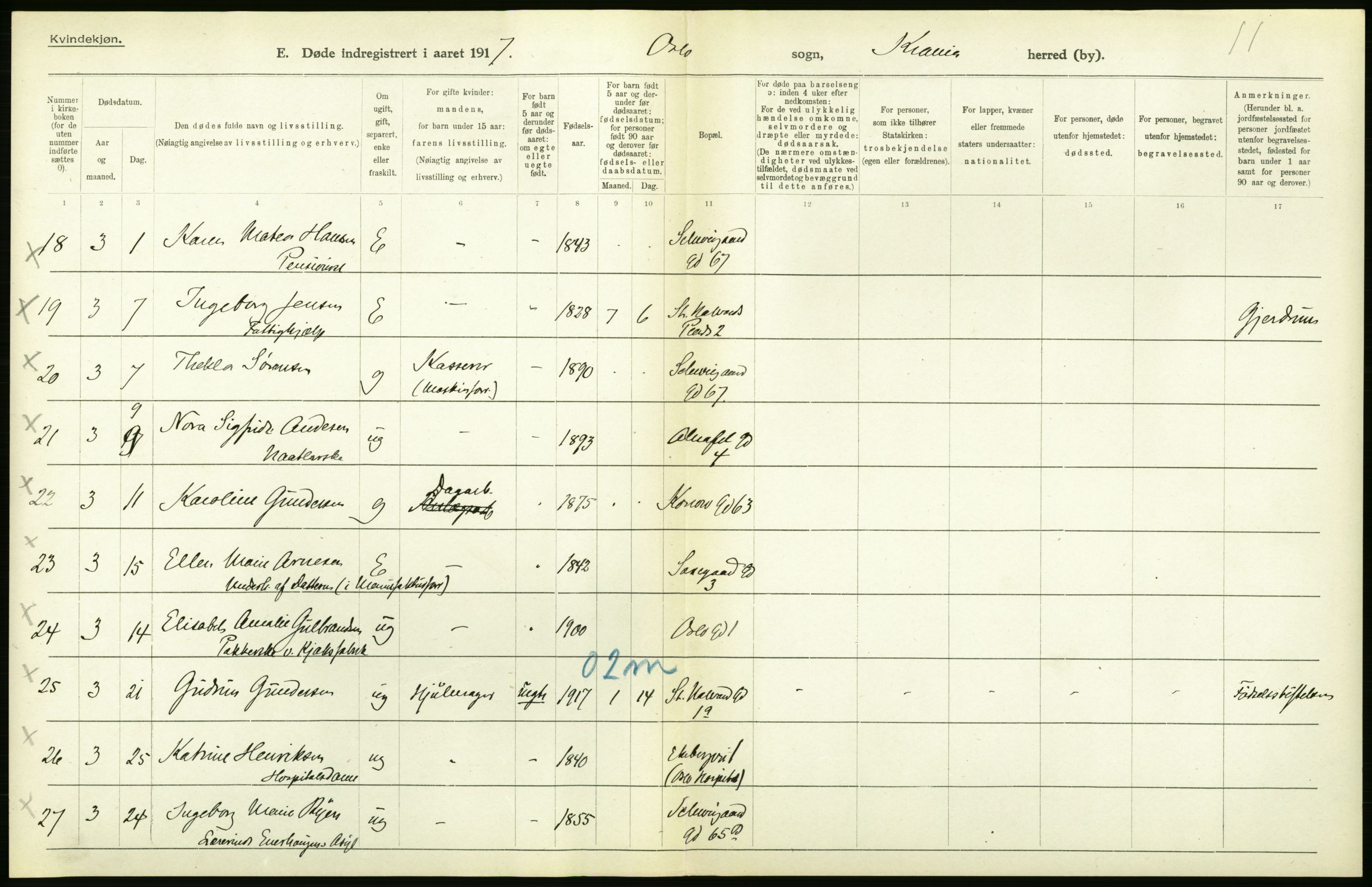 Statistisk sentralbyrå, Sosiodemografiske emner, Befolkning, AV/RA-S-2228/D/Df/Dfb/Dfbg/L0011: Kristiania: Døde, dødfødte., 1917, s. 156