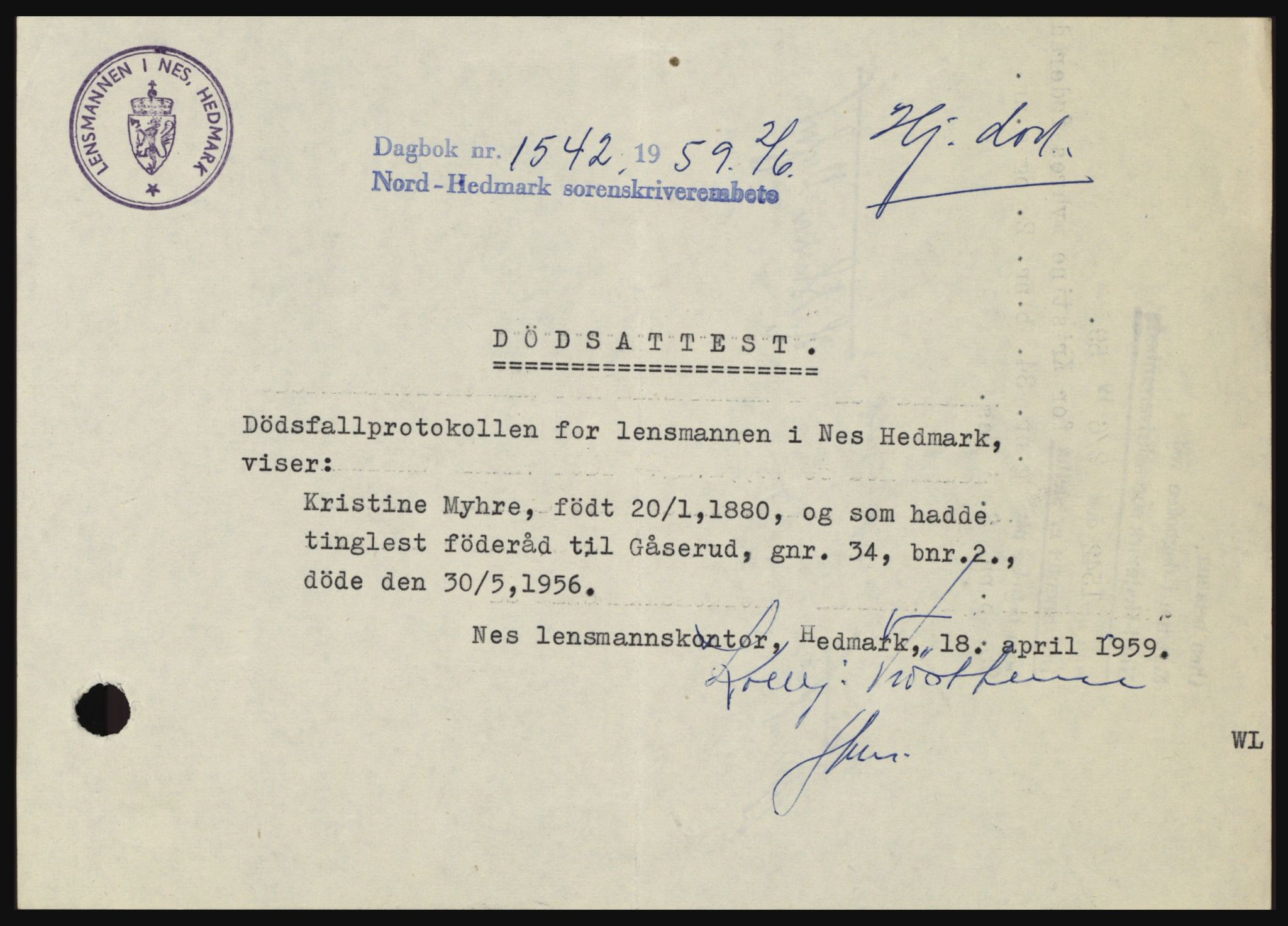 Nord-Hedmark sorenskriveri, SAH/TING-012/H/Hc/L0013: Pantebok nr. 13, 1959-1960, Dagboknr: 1542/1959