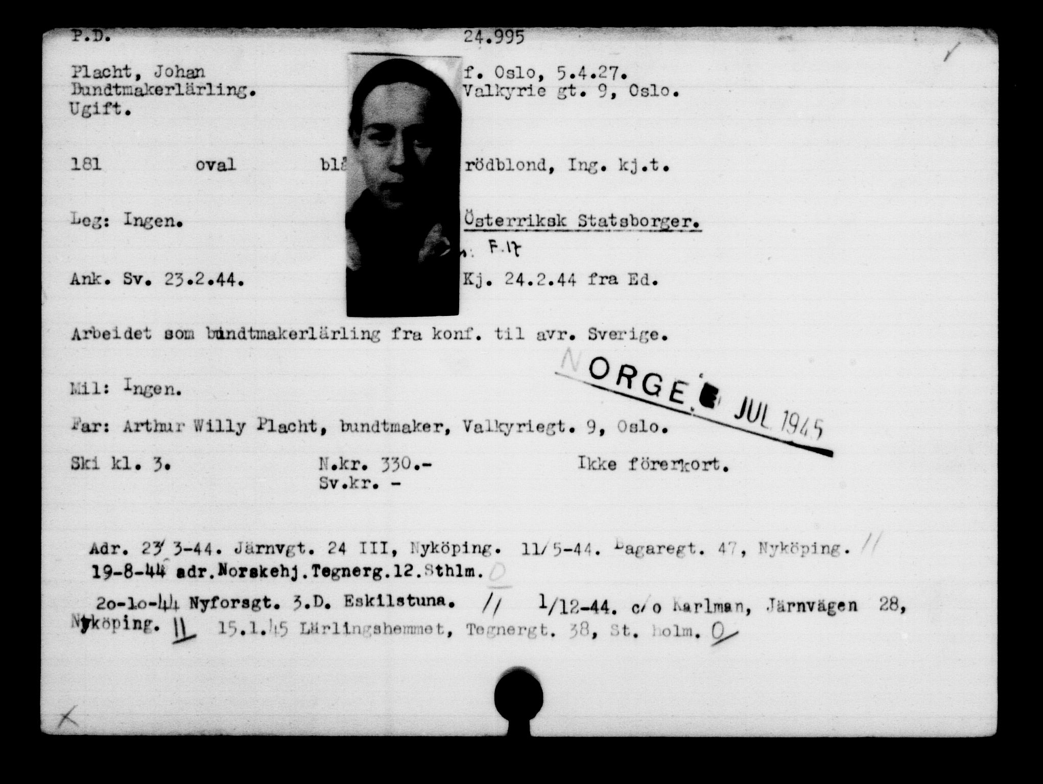 Utenriksstasjonene, Legasjonen i Stockholm, Flyktningkontoret, AV/RA-S-6753/V/Va/L0010: Kjesäterkartoteket, flyktninger med registreringsnr. 22000-25314, 1940-1945, s. 3148