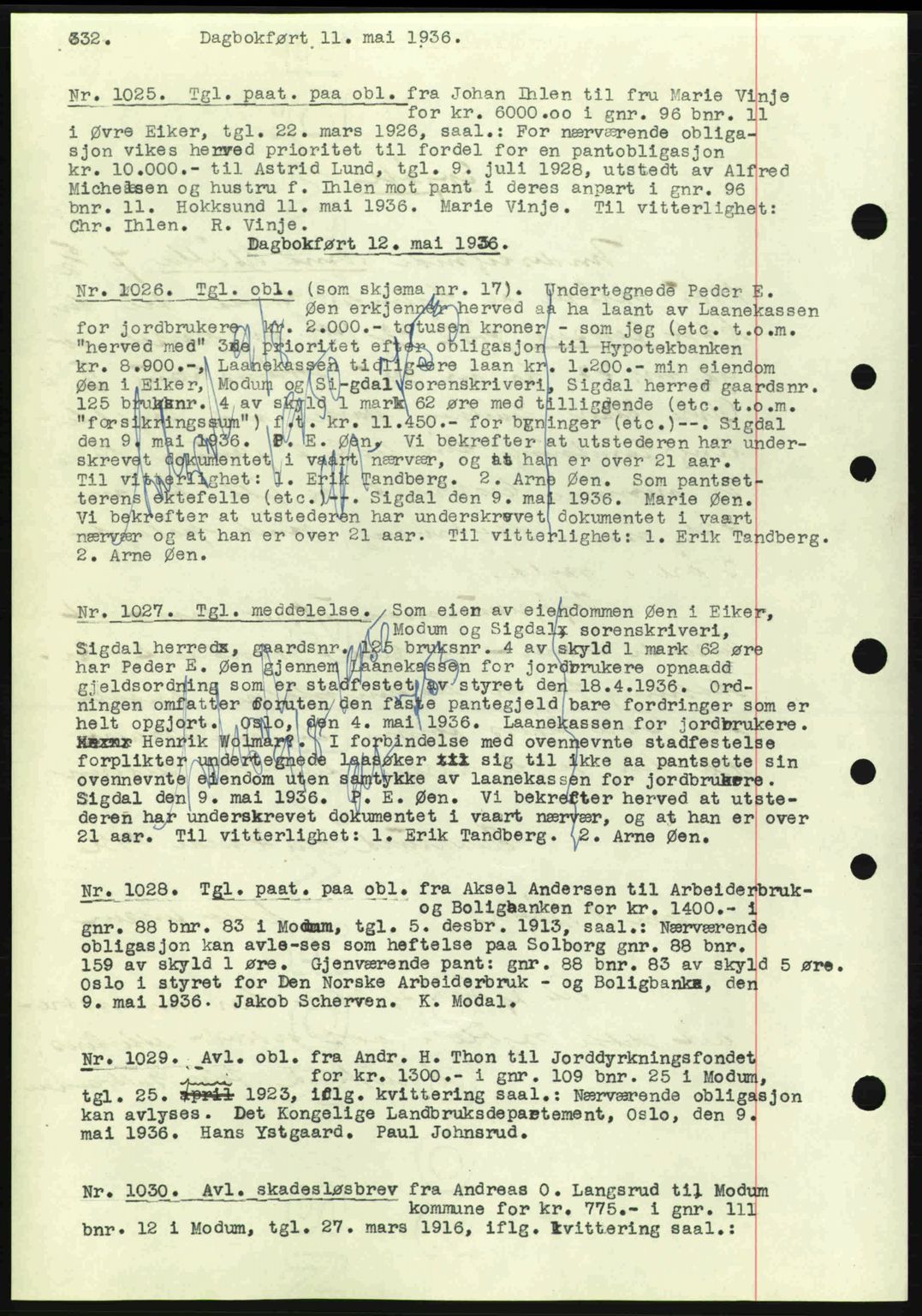 Eiker, Modum og Sigdal sorenskriveri, SAKO/A-123/G/Ga/Gab/L0032: Pantebok nr. A2, 1936-1936, Dagboknr: 1025/1936