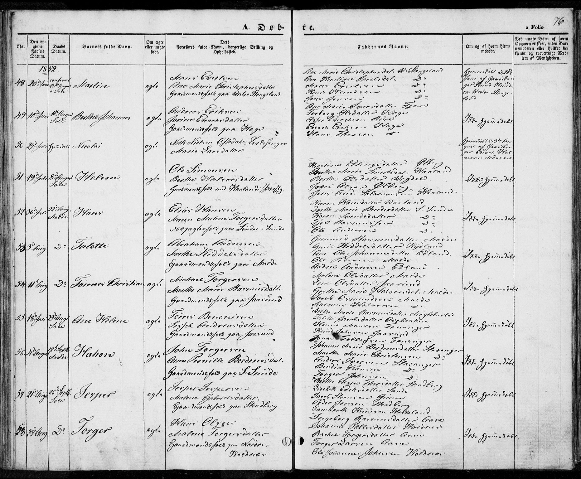 Håland sokneprestkontor, AV/SAST-A-101802/001/30BA/L0006: Ministerialbok nr. A 6, 1842-1853, s. 76