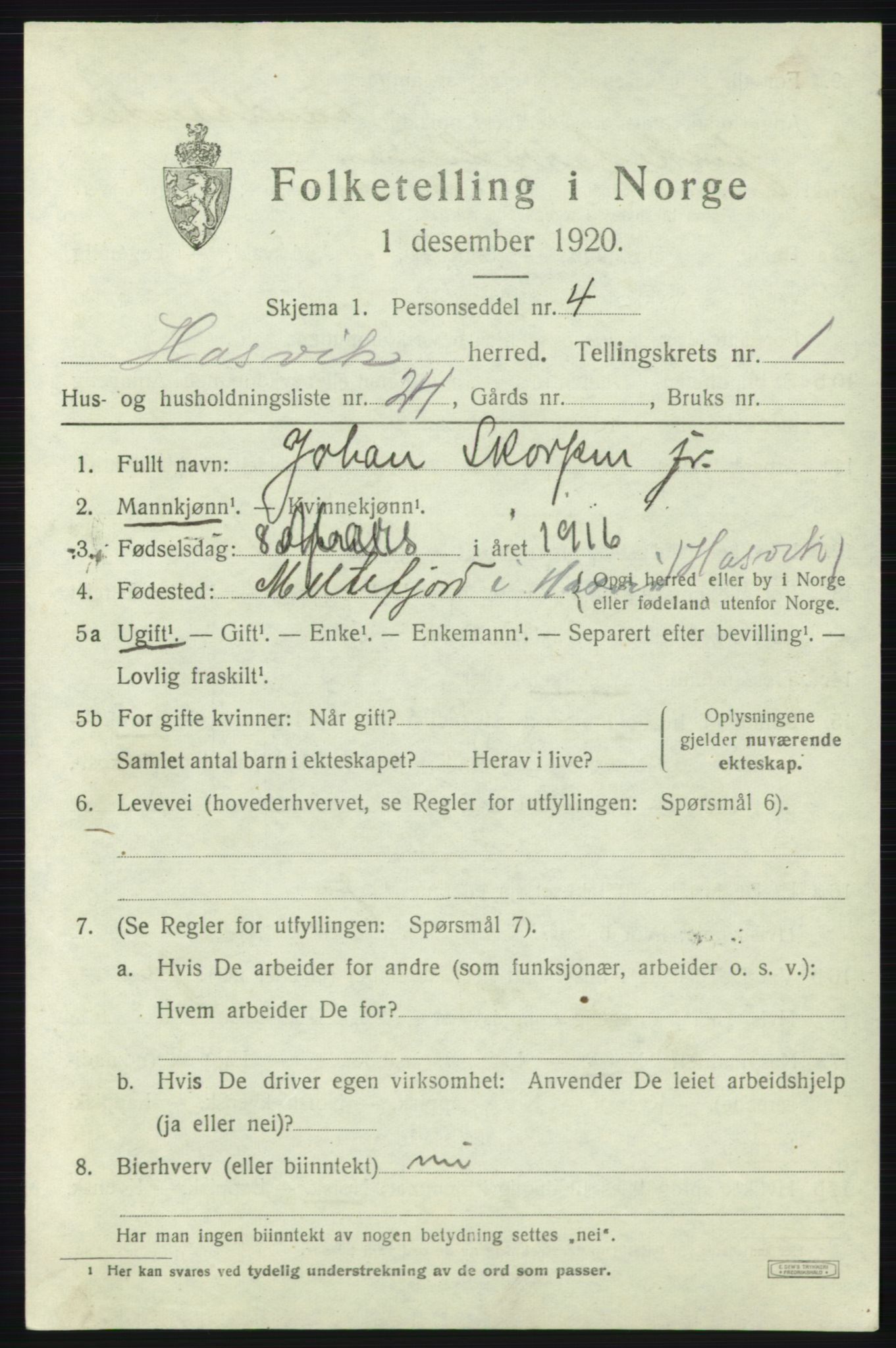 SATØ, Folketelling 1920 for 2015 Hasvik herred, 1920, s. 895