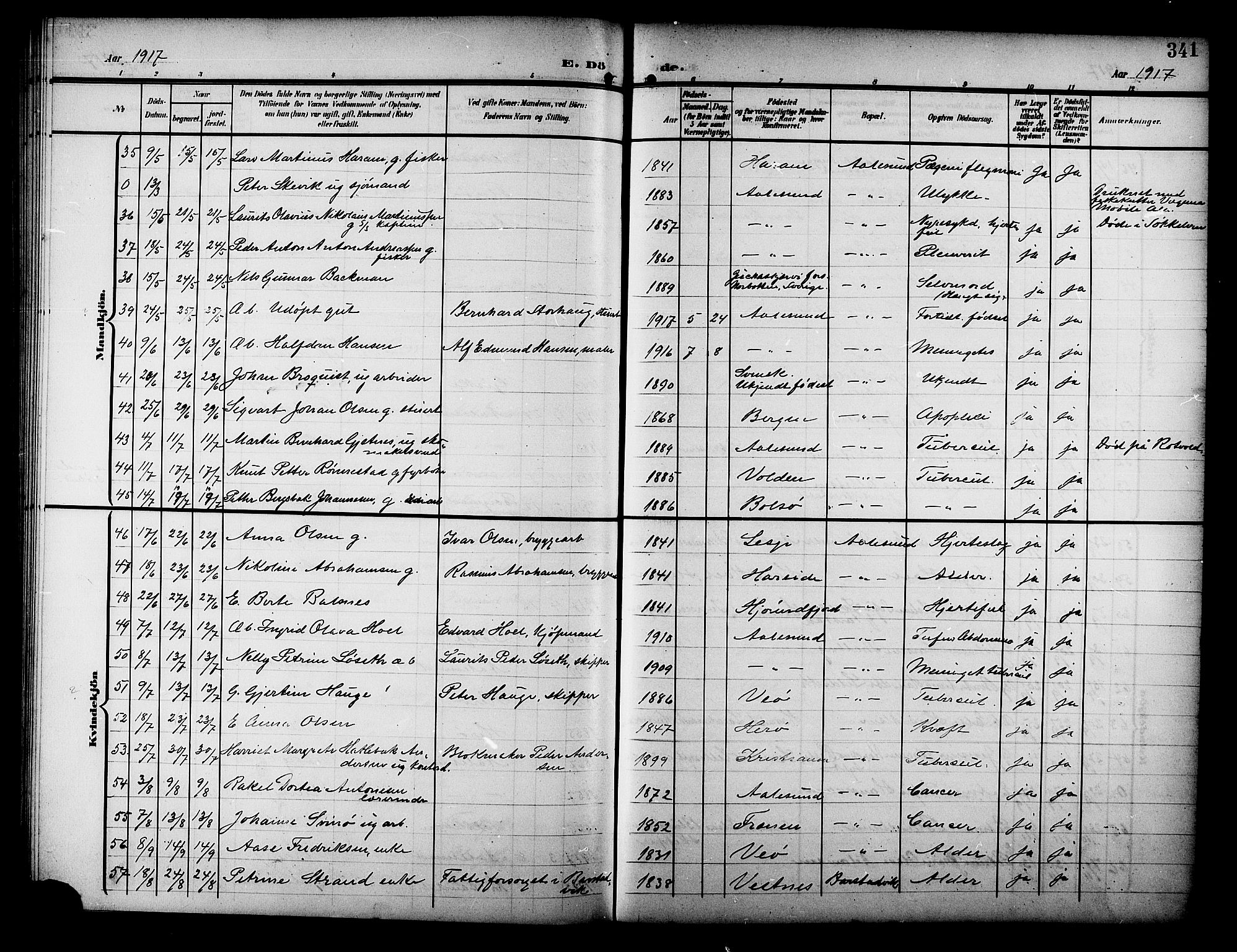 Ministerialprotokoller, klokkerbøker og fødselsregistre - Møre og Romsdal, SAT/A-1454/529/L0470: Klokkerbok nr. 529C07, 1907-1917, s. 341