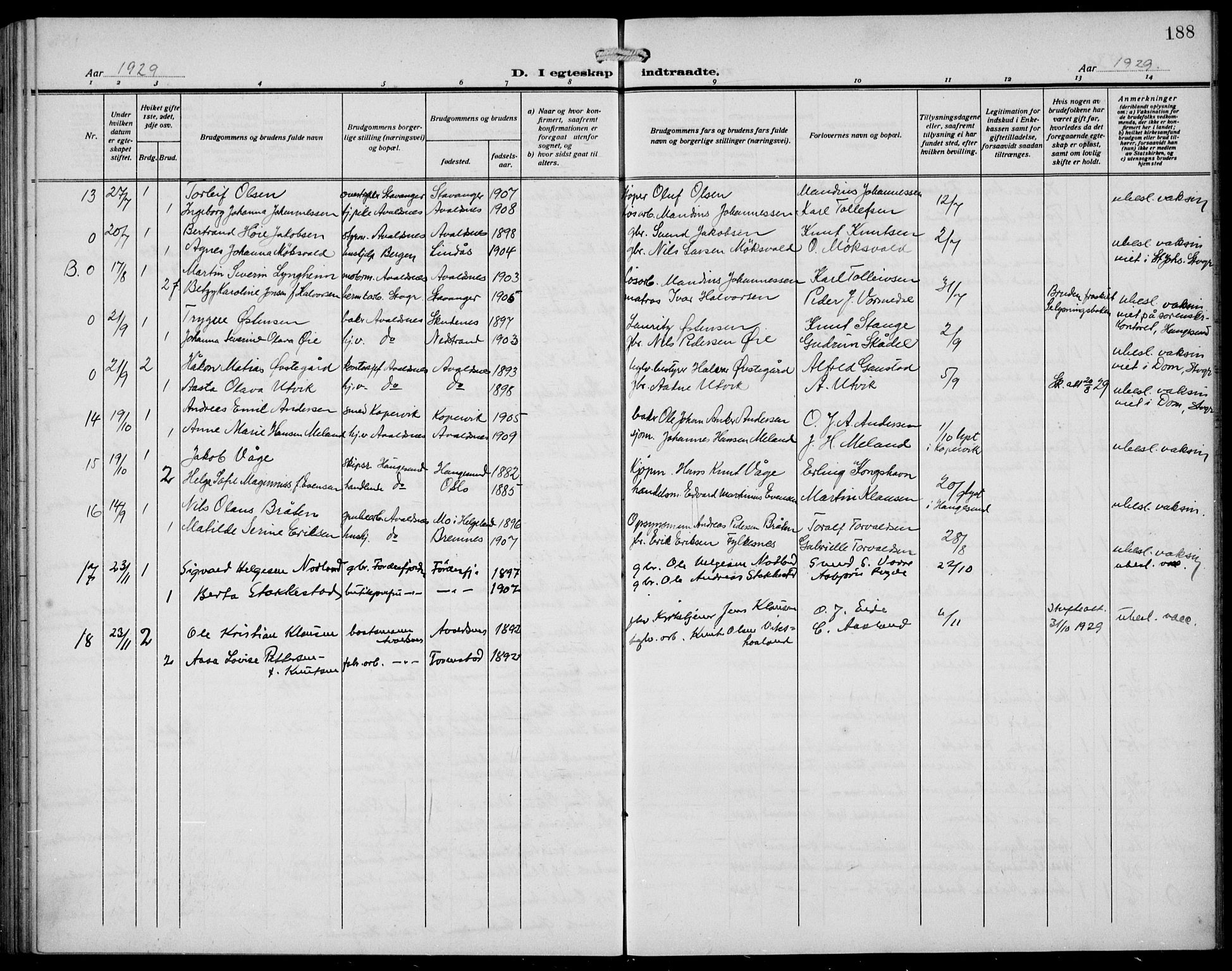 Avaldsnes sokneprestkontor, AV/SAST-A -101851/H/Ha/Hab/L0008: Klokkerbok nr. B 8, 1910-1939, s. 188