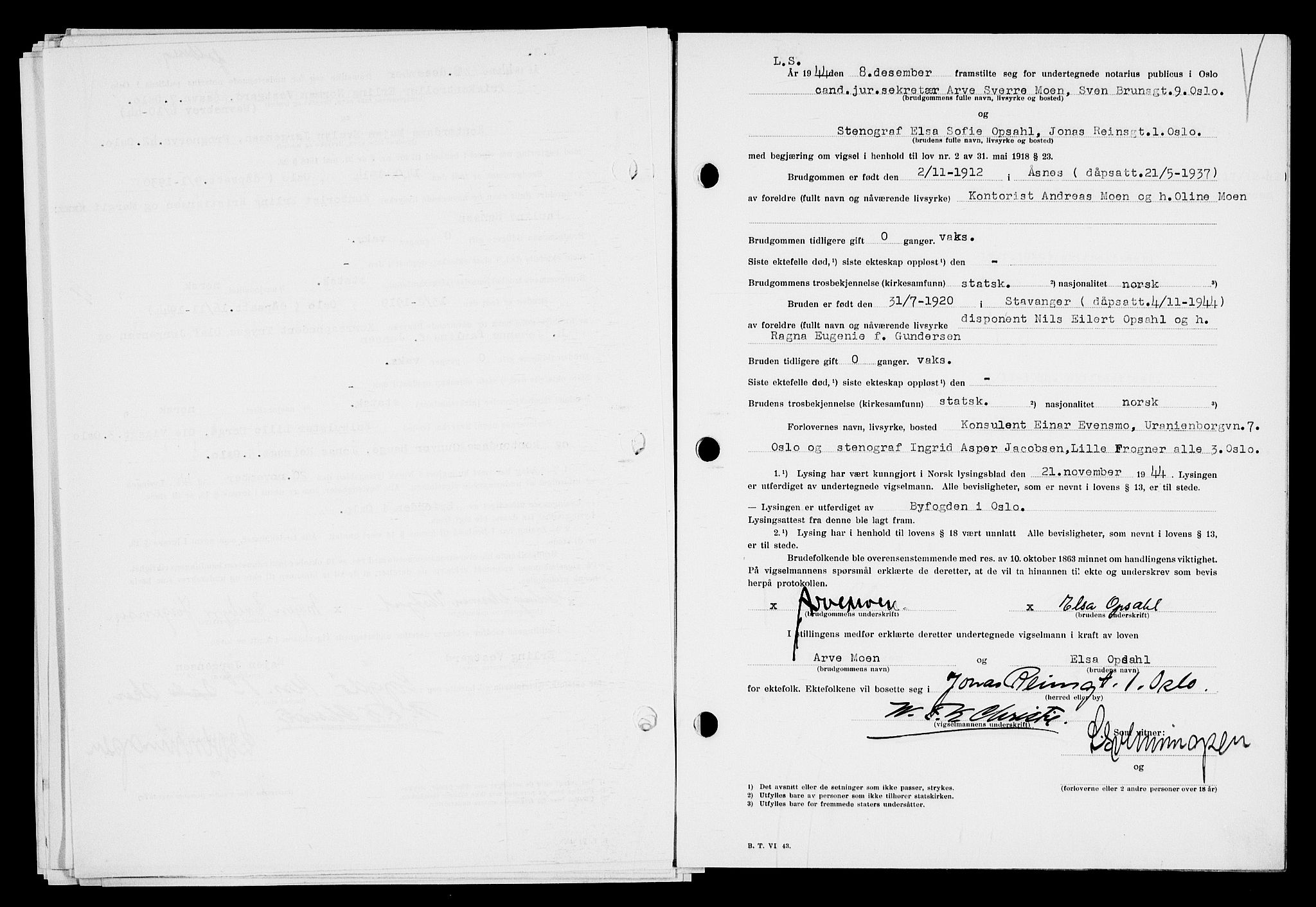 Oslo byfogd avd. I, SAO/A-10220/L/Lb/Lbb/L0051: Notarialprotokoll, rekke II: Vigsler, 1944