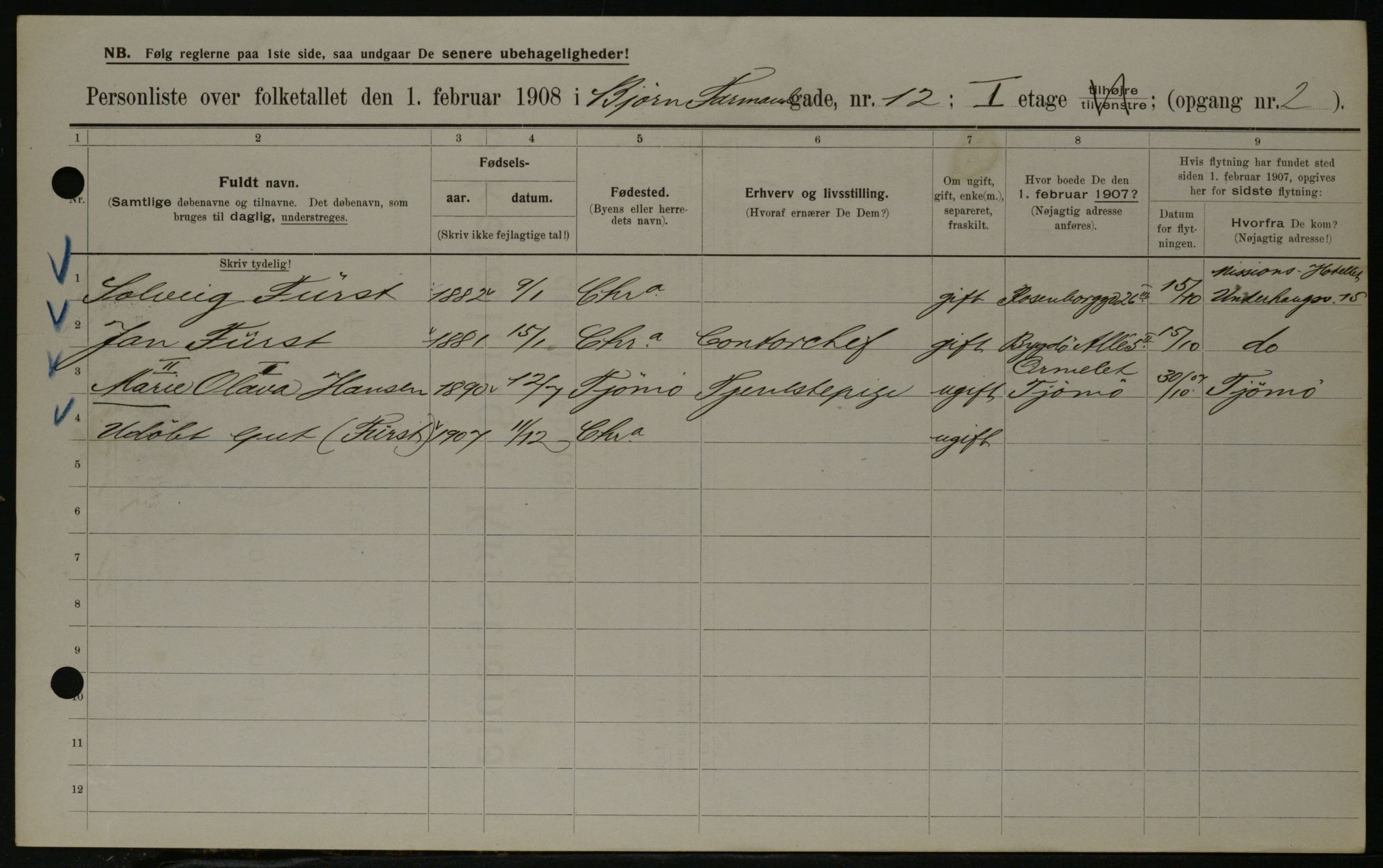 OBA, Kommunal folketelling 1.2.1908 for Kristiania kjøpstad, 1908, s. 6515