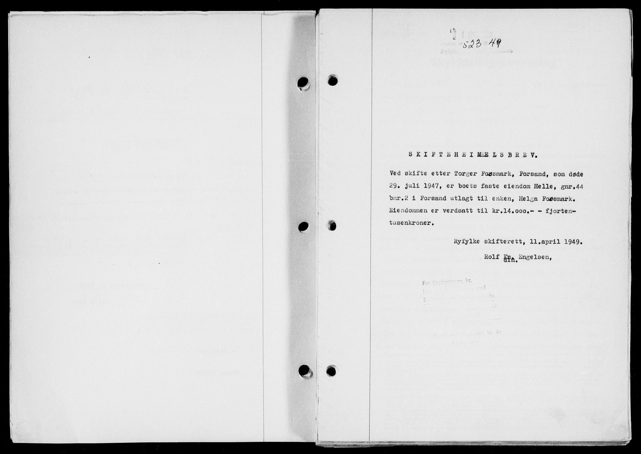 Ryfylke tingrett, SAST/A-100055/001/II/IIB/L0104: Pantebok nr. 83, 1948-1949, Dagboknr: 523/1949