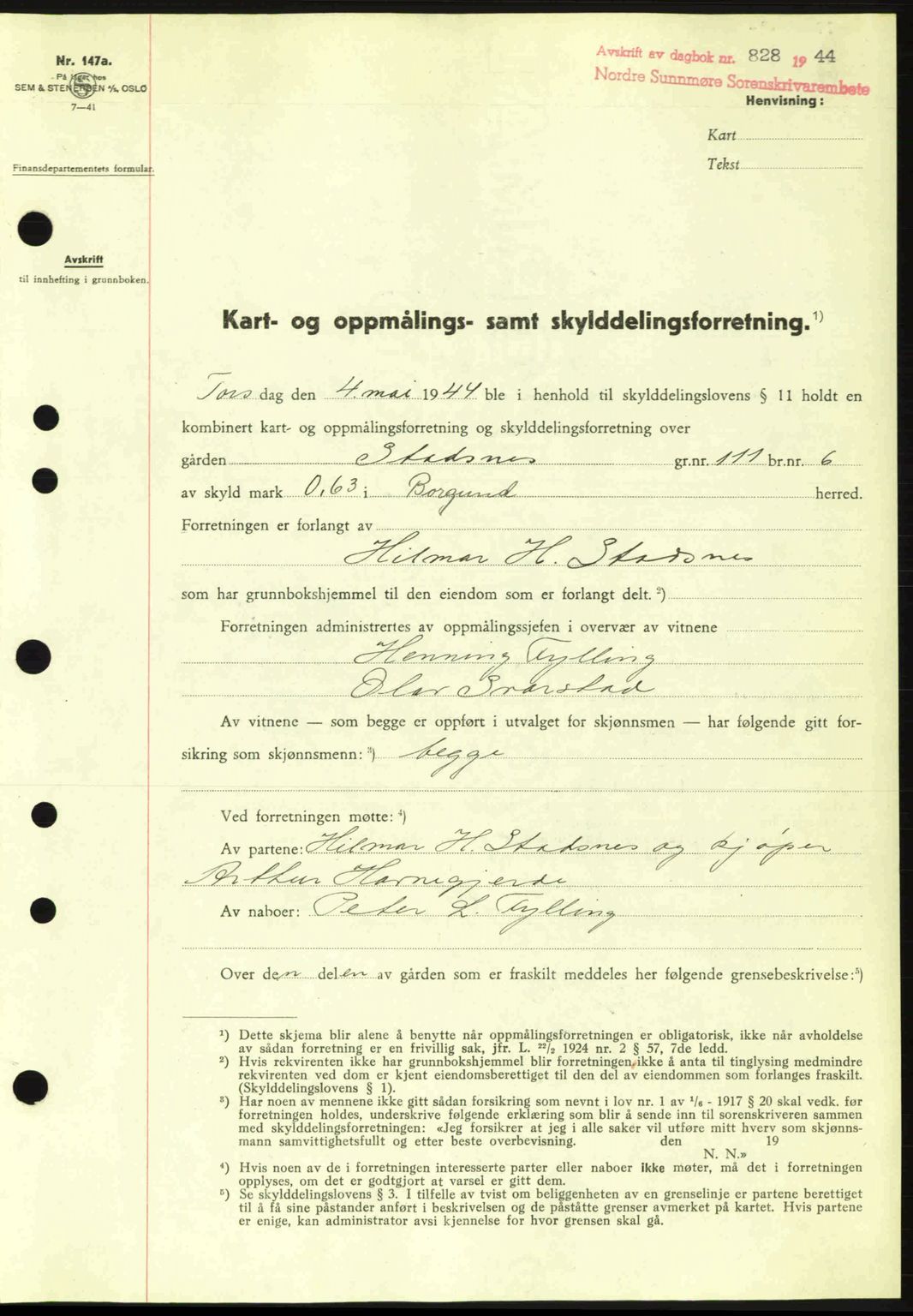 Nordre Sunnmøre sorenskriveri, SAT/A-0006/1/2/2C/2Ca: Pantebok nr. A18, 1944-1944, Dagboknr: 828/1944