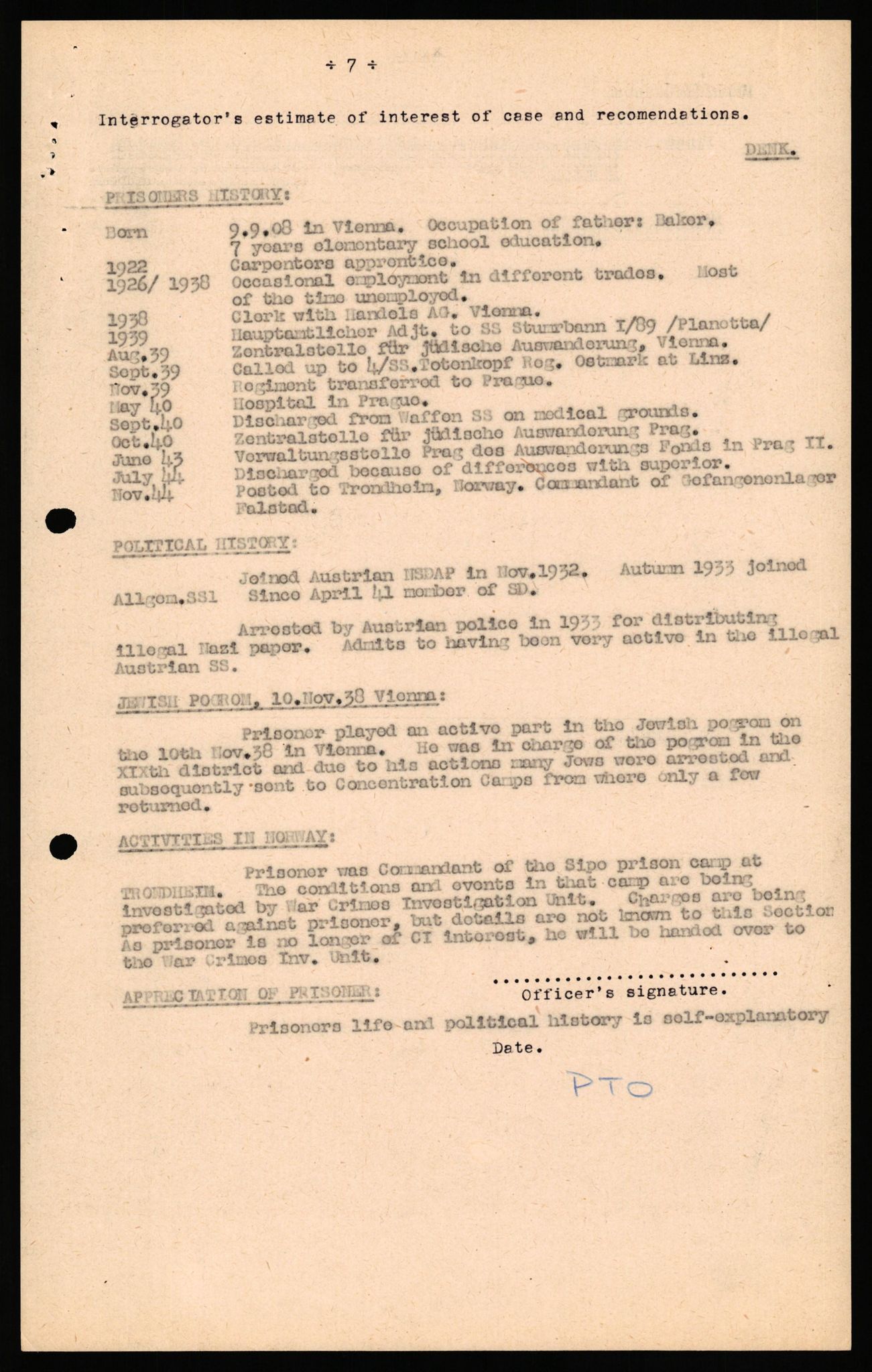 Forsvaret, Forsvarets overkommando II, AV/RA-RAFA-3915/D/Db/L0038: CI Questionaires. Tyske okkupasjonsstyrker i Norge. Østerrikere., 1945-1946, s. 224