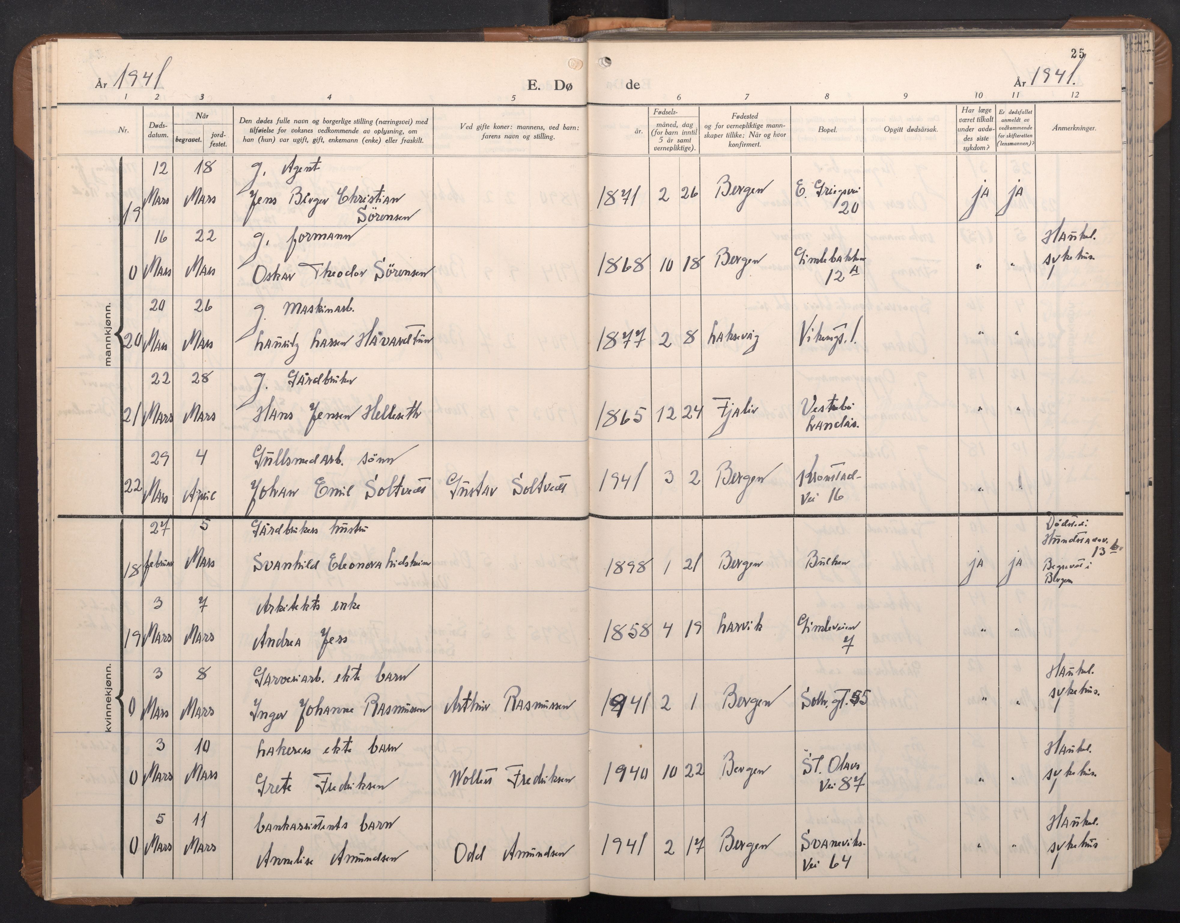Årstad Sokneprestembete, AV/SAB-A-79301/H/Hab/L0026: Klokkerbok nr. D 3, 1940-1950, s. 24b-25a
