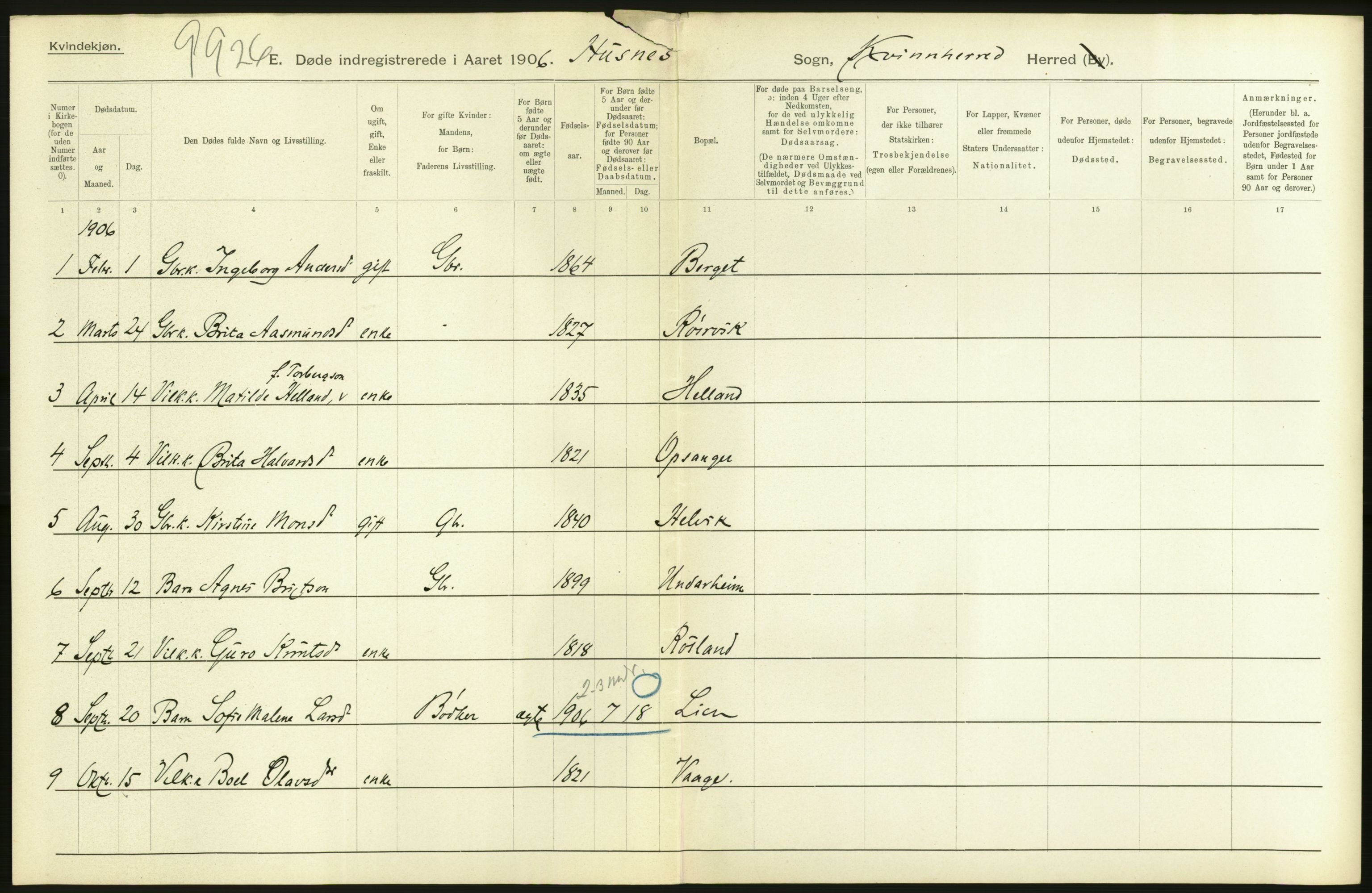Statistisk sentralbyrå, Sosiodemografiske emner, Befolkning, AV/RA-S-2228/D/Df/Dfa/Dfad/L0030: S. Bergenhus amt: Døde. Bygder., 1906, s. 166
