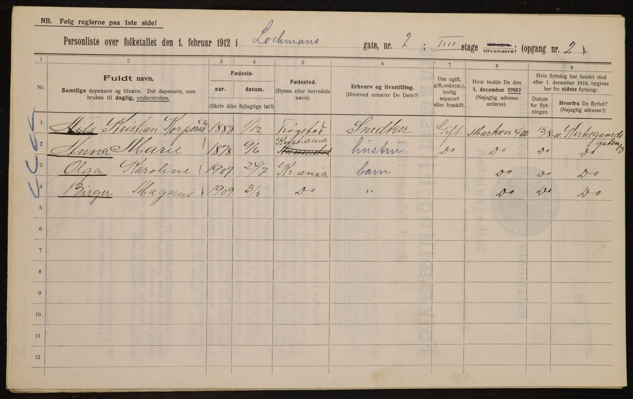 OBA, Kommunal folketelling 1.2.1912 for Kristiania, 1912, s. 58596