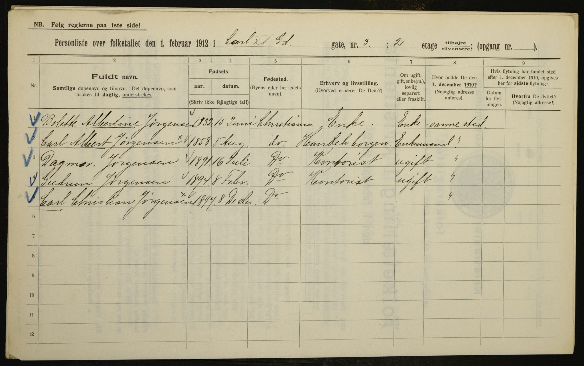 OBA, Kommunal folketelling 1.2.1912 for Kristiania, 1912, s. 48583