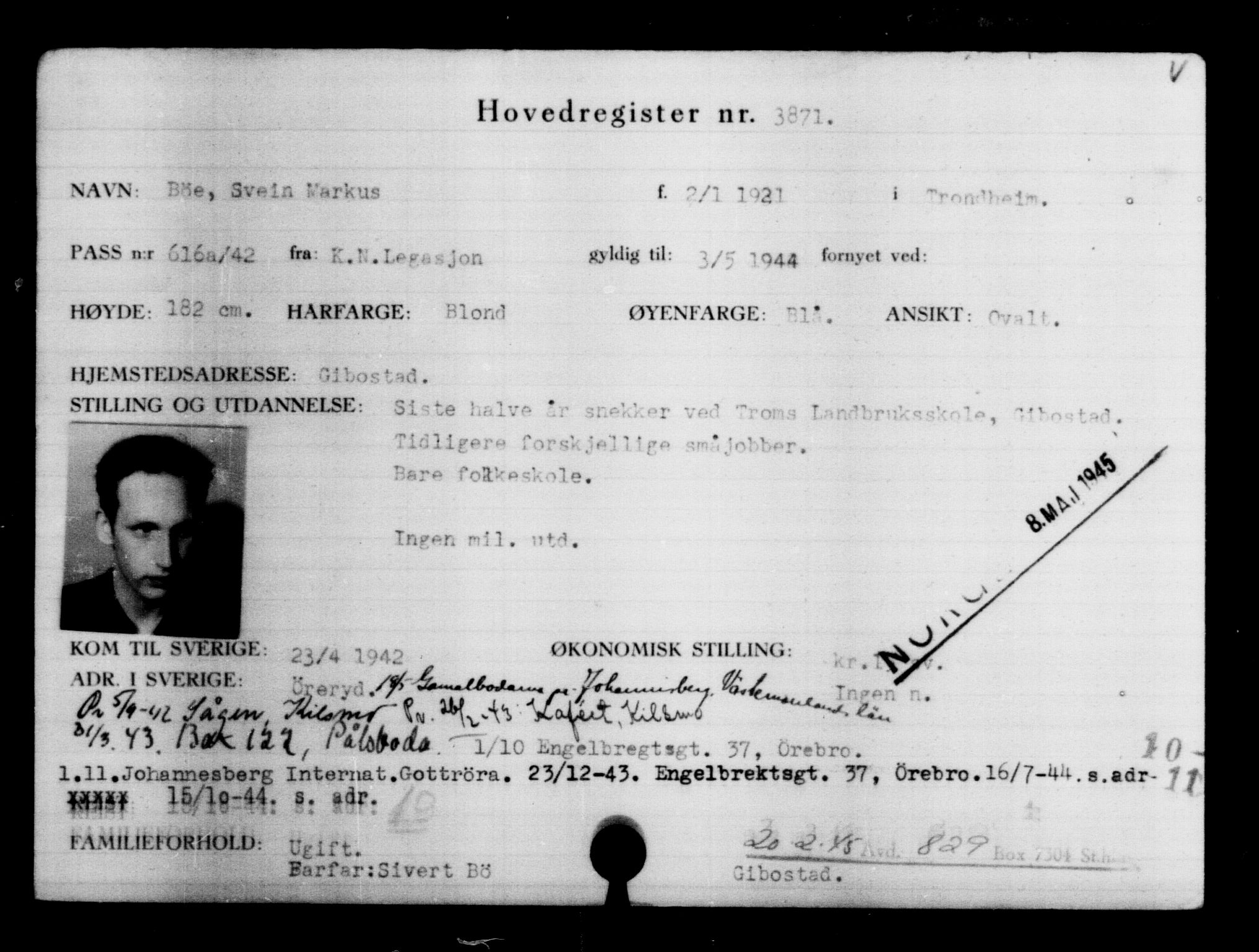 Den Kgl. Norske Legasjons Flyktningskontor, AV/RA-S-6753/V/Va/L0004: Kjesäterkartoteket.  Flyktningenr. 3496-6610, 1940-1945, s. 436