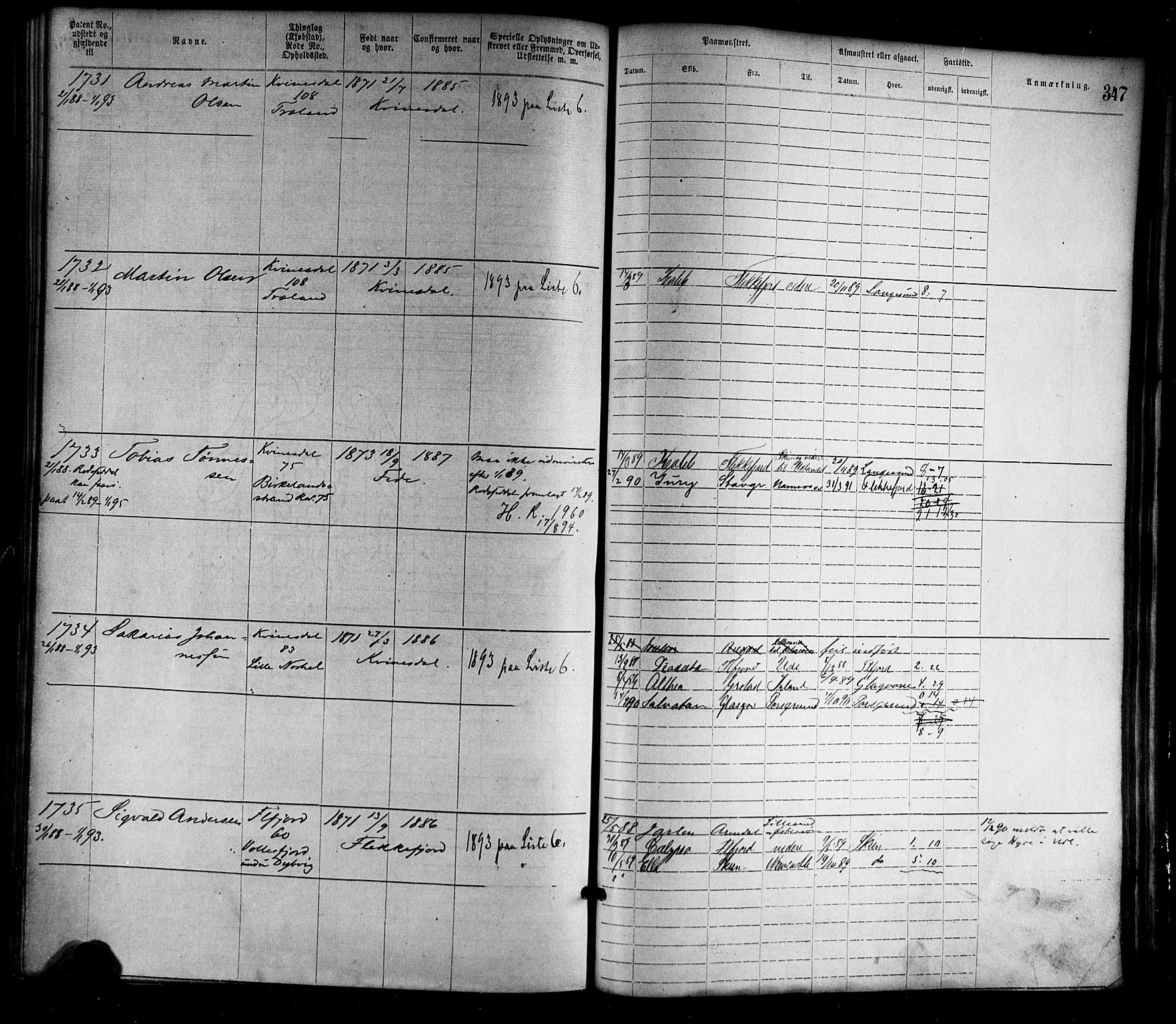 Flekkefjord mønstringskrets, AV/SAK-2031-0018/F/Fa/L0002: Annotasjonsrulle nr 1-1920 med register, N-2, 1870-1891, s. 382