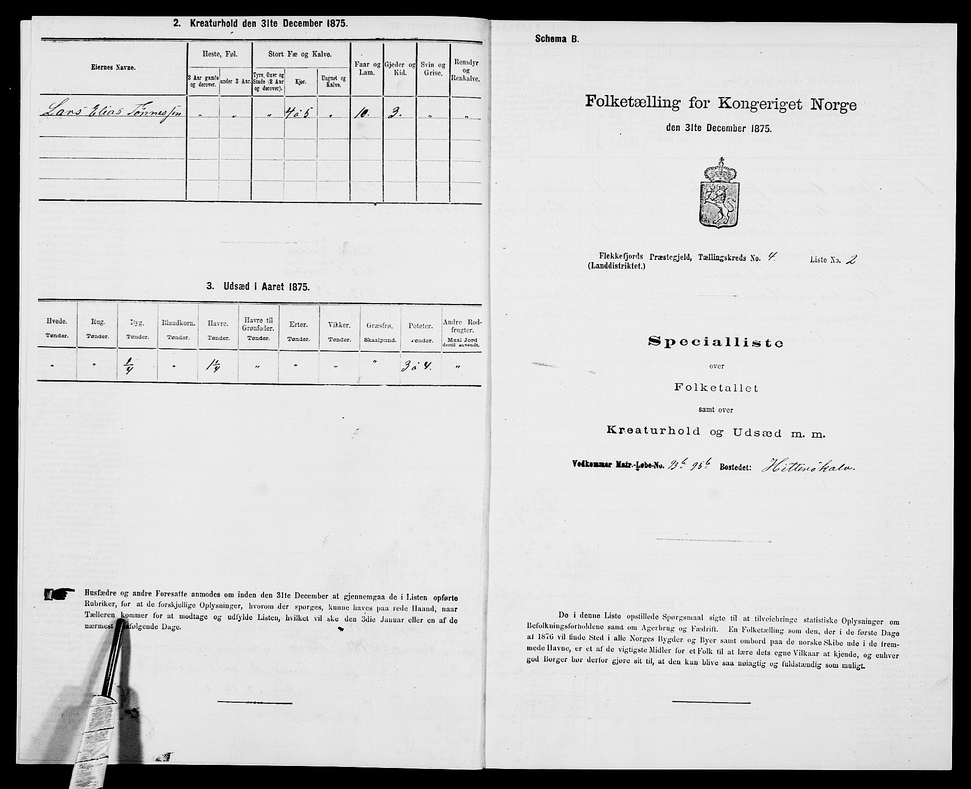 SAK, Folketelling 1875 for 1042L Flekkefjord prestegjeld, Nes sokn og Hidra sokn, 1875, s. 536