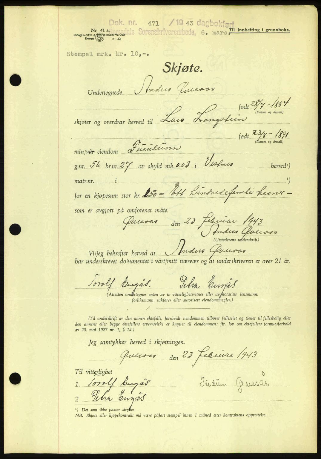 Romsdal sorenskriveri, AV/SAT-A-4149/1/2/2C: Pantebok nr. A14, 1943-1943, Dagboknr: 471/1943