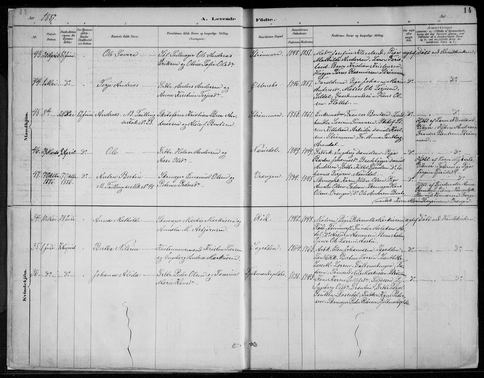 Øyestad sokneprestkontor, AV/SAK-1111-0049/F/Fa/L0017: Ministerialbok nr. A 17, 1887-1896, s. 14