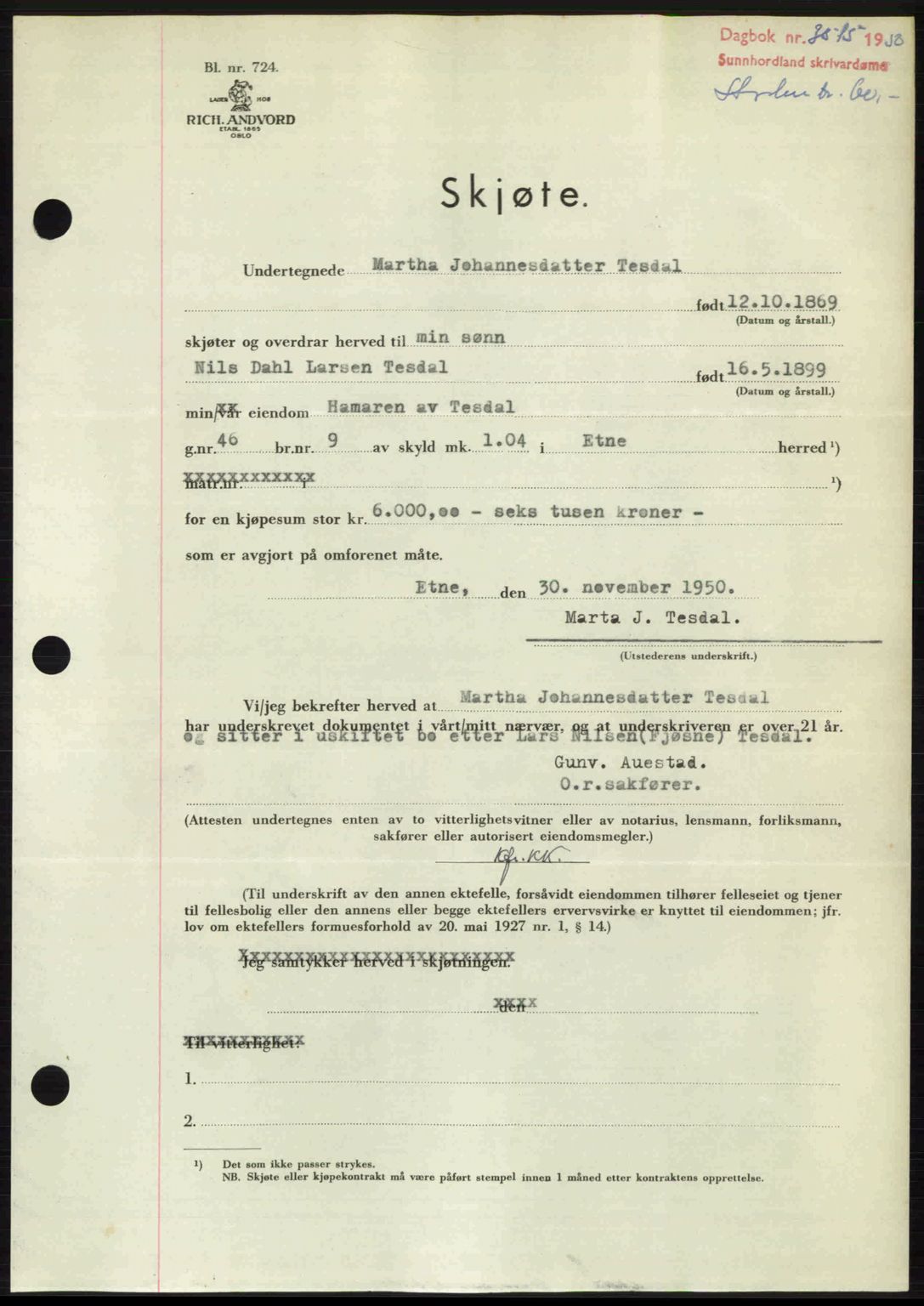 Sunnhordland sorenskrivar, AV/SAB-A-2401: Pantebok nr. A95, 1950-1950, Dagboknr: 3515/1950