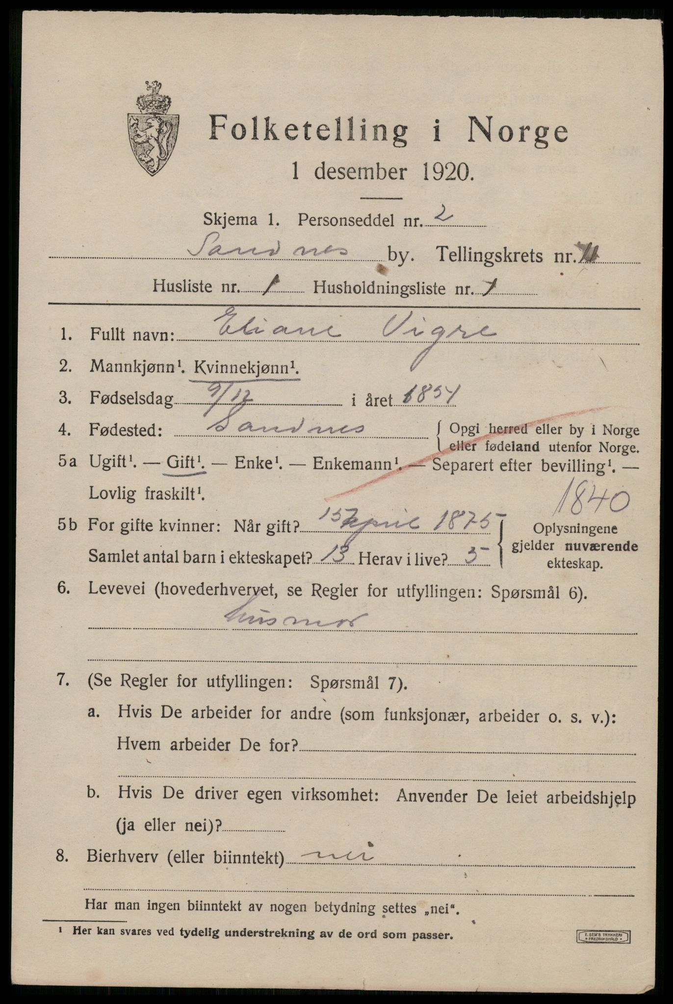 SAST, Folketelling 1920 for 1102 Sandnes ladested, 1920, s. 7228