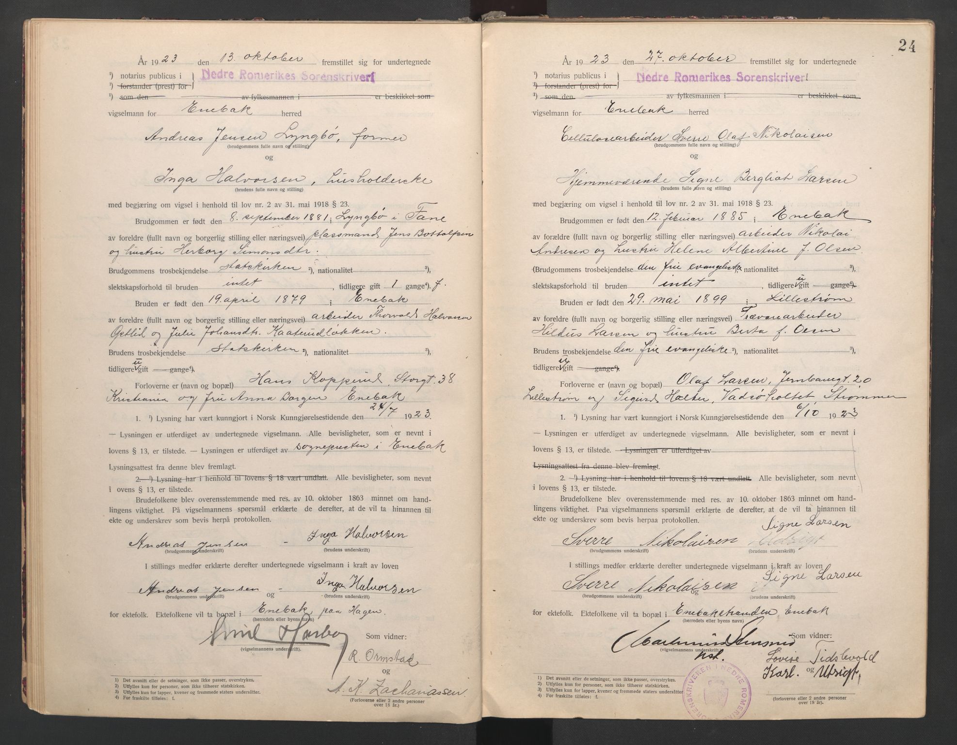 Nedre Romerike sorenskriveri, SAO/A-10469/L/Lb/L0001: Vigselsbok - borgerlige vielser, 1920-1935, s. 24
