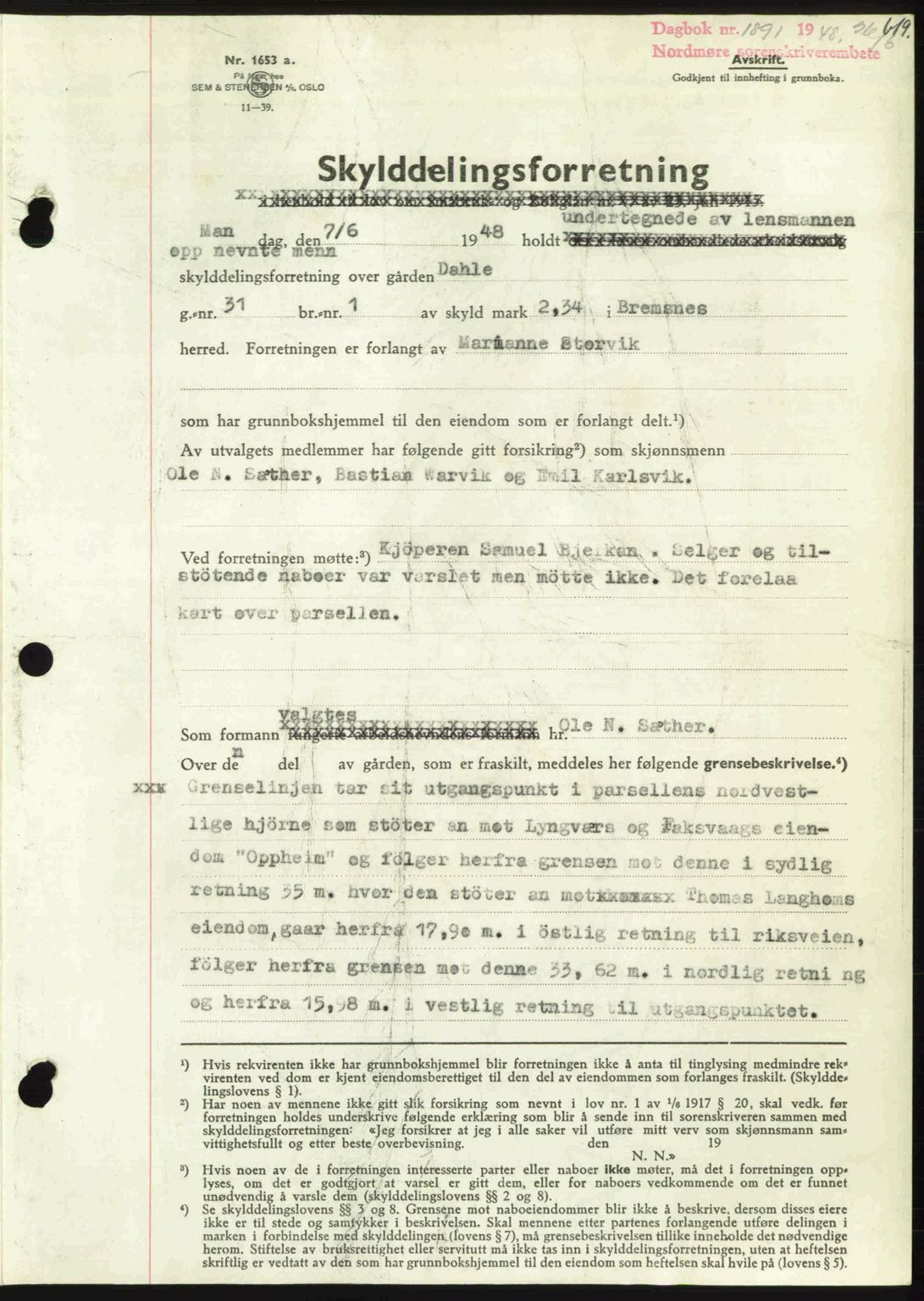Nordmøre sorenskriveri, SAT/A-4132/1/2/2Ca: Pantebok nr. A108, 1948-1948, Dagboknr: 1891/1948