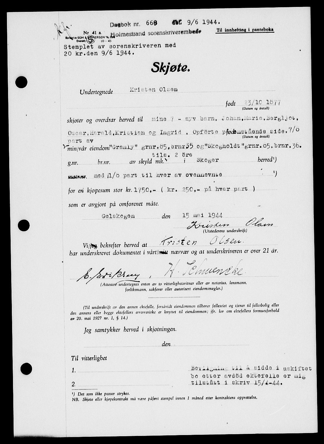 Holmestrand sorenskriveri, SAKO/A-67/G/Ga/Gaa/L0058: Pantebok nr. A-58, 1944-1944, Dagboknr: 668/1944