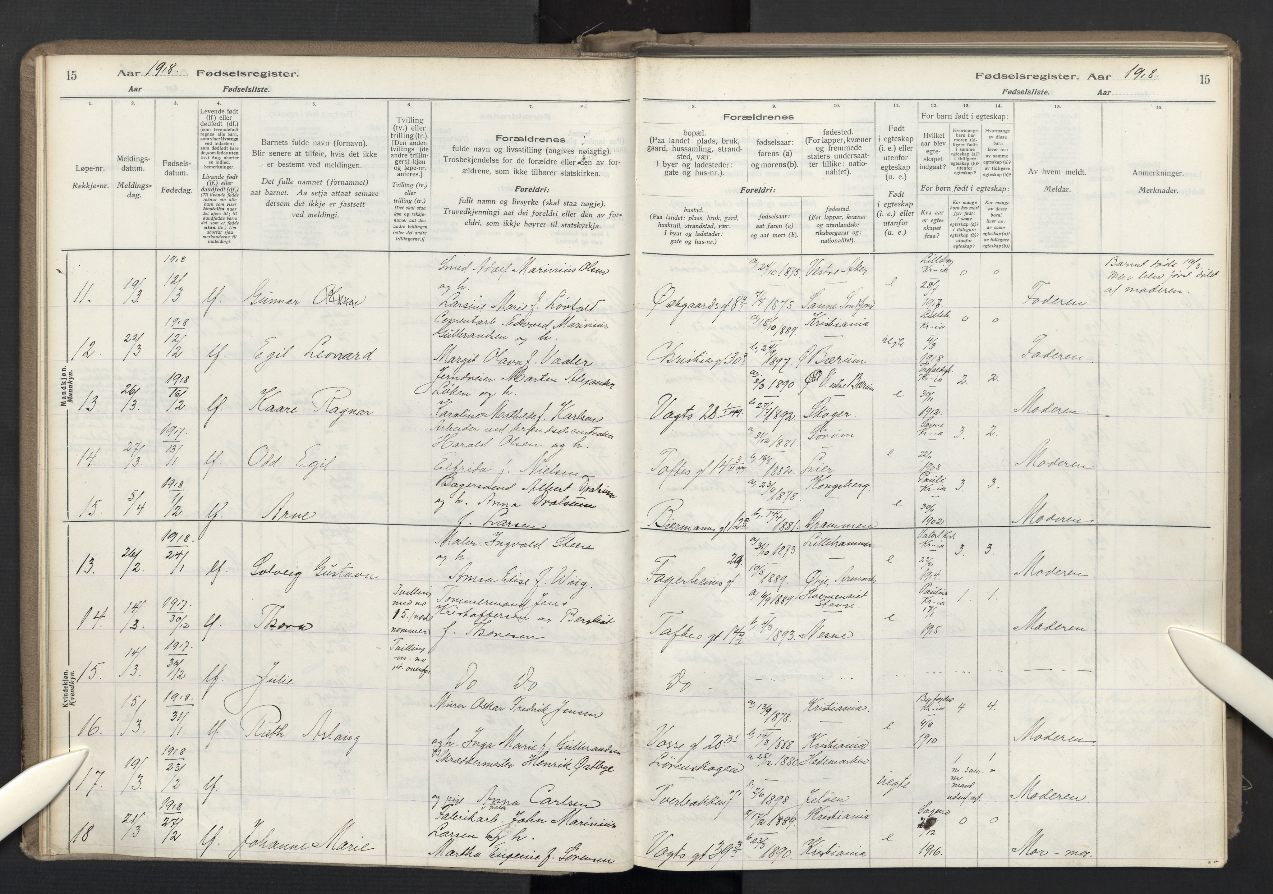 Lilleborg prestekontor Kirkebøker, AV/SAO-A-10343a/J/L0001: Fødselsregister nr. 1, 1917-1944, s. 15