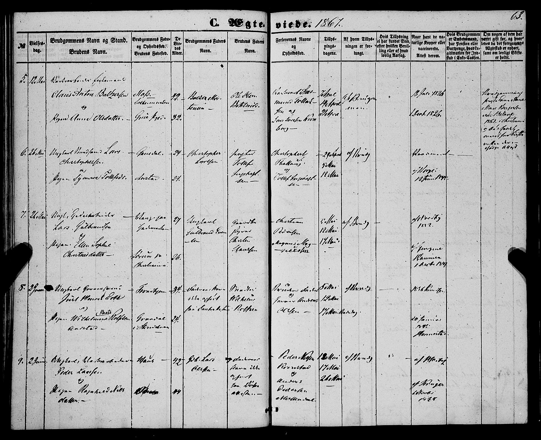 St. Jørgens hospital og Årstad sokneprestembete, AV/SAB-A-99934: Ministerialbok nr. A 9, 1853-1878, s. 63