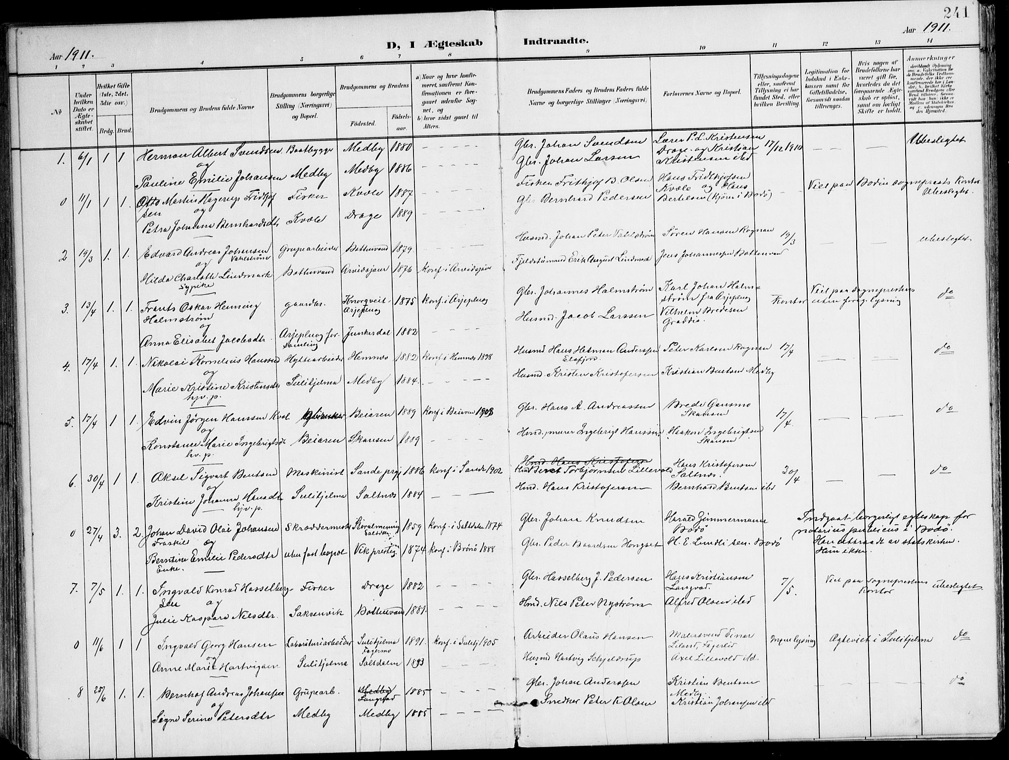 Ministerialprotokoller, klokkerbøker og fødselsregistre - Nordland, AV/SAT-A-1459/847/L0672: Ministerialbok nr. 847A12, 1902-1919, s. 241