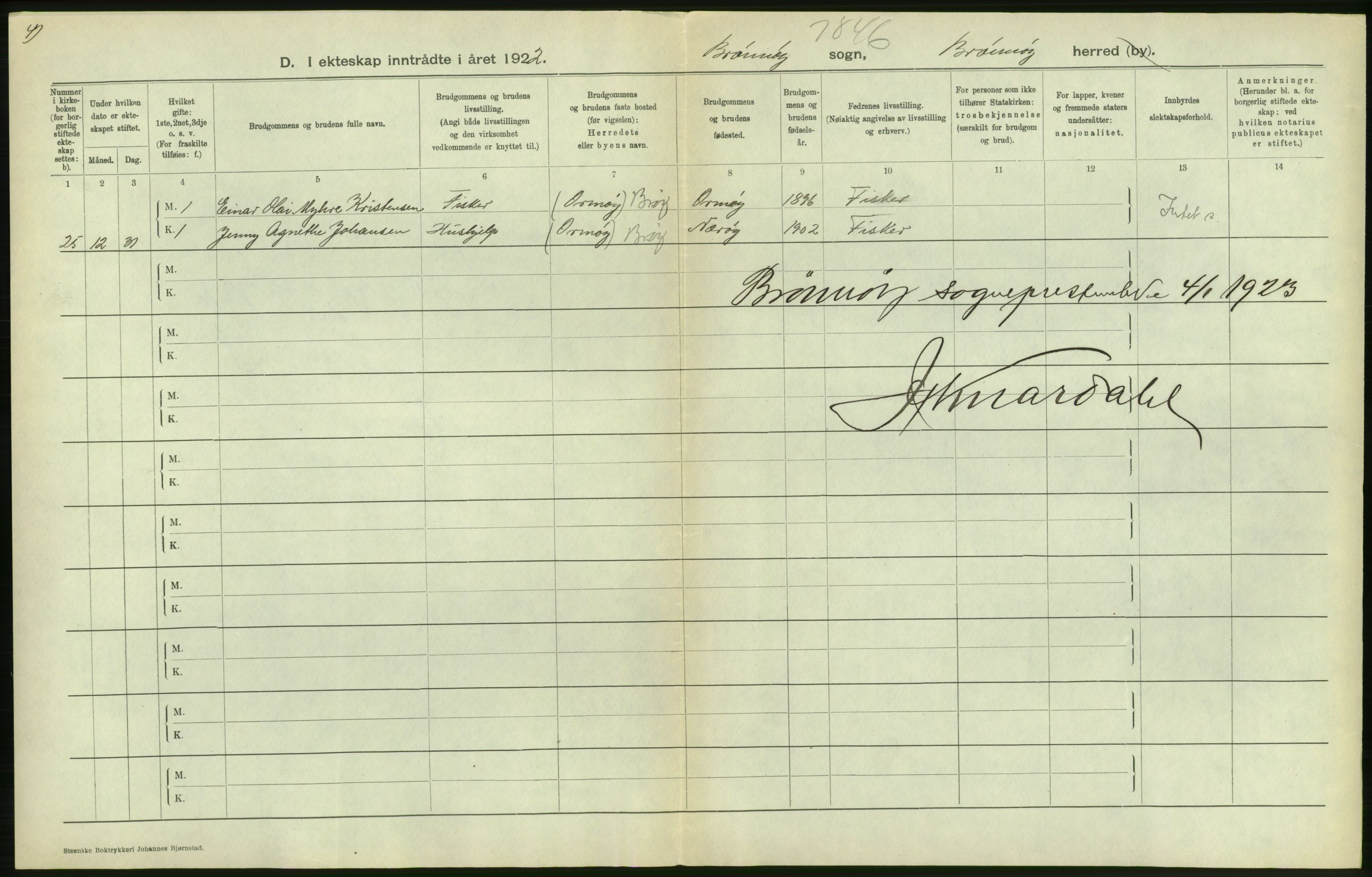 Statistisk sentralbyrå, Sosiodemografiske emner, Befolkning, AV/RA-S-2228/D/Df/Dfc/Dfcb/L0045: Nordland fylke: Gifte, dødfødte. Bygder og byer., 1922, s. 52