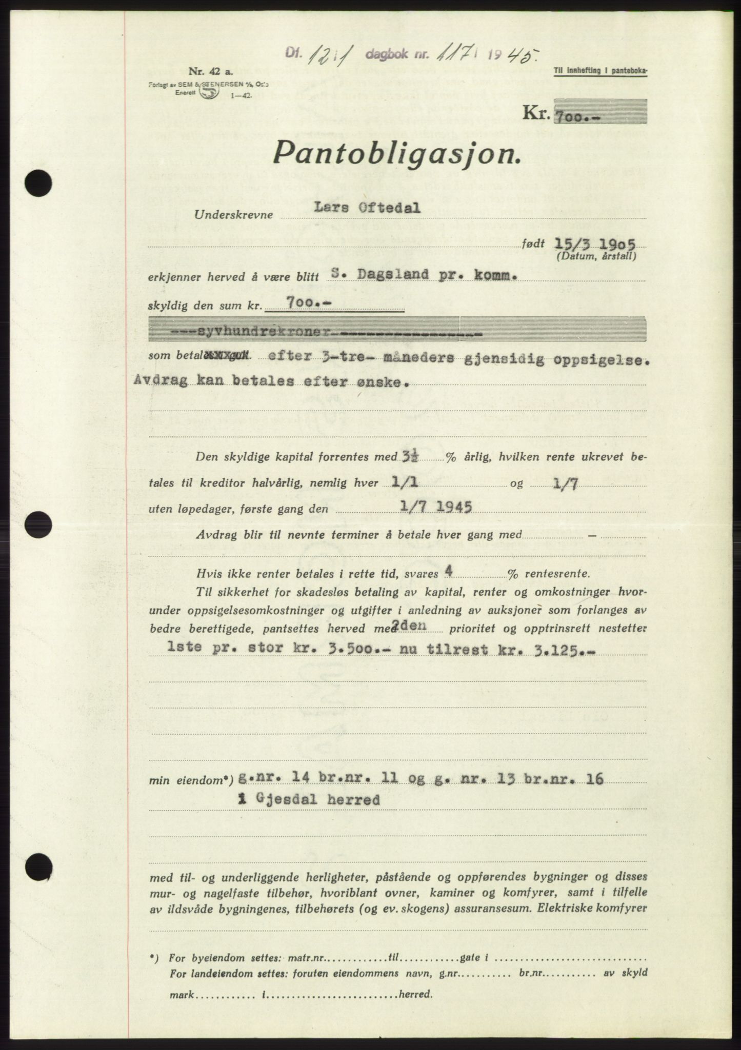 Jæren sorenskriveri, AV/SAST-A-100310/03/G/Gba/L0087: Pantebok, 1944-1945, Dagboknr: 117/1945