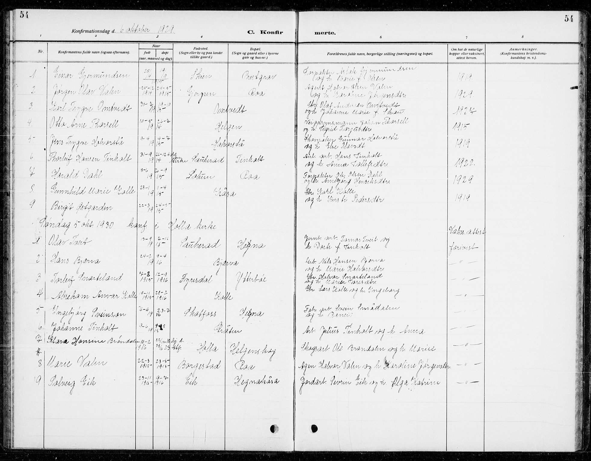Holla kirkebøker, AV/SAKO-A-272/G/Gb/L0003: Klokkerbok nr. II 3, 1914-1941, s. 54