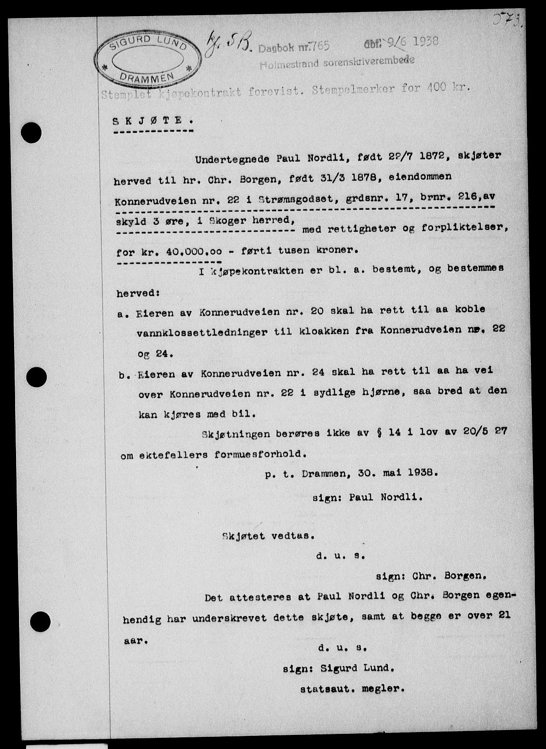 Holmestrand sorenskriveri, SAKO/A-67/G/Ga/Gaa/L0049: Pantebok nr. A-49, 1937-1938, Dagboknr: 765/1938