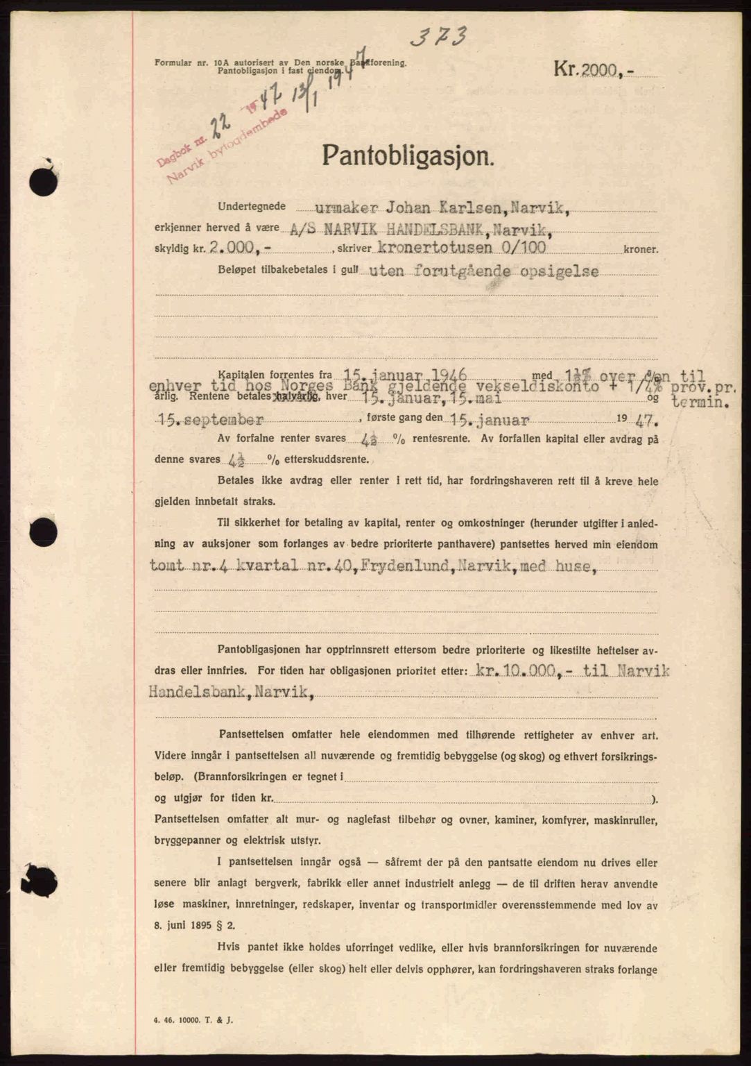 Narvik sorenskriveri, SAT/A-0002/1/2/2C/2Ca: Pantebok nr. A21, 1946-1947, Dagboknr: 22/1947